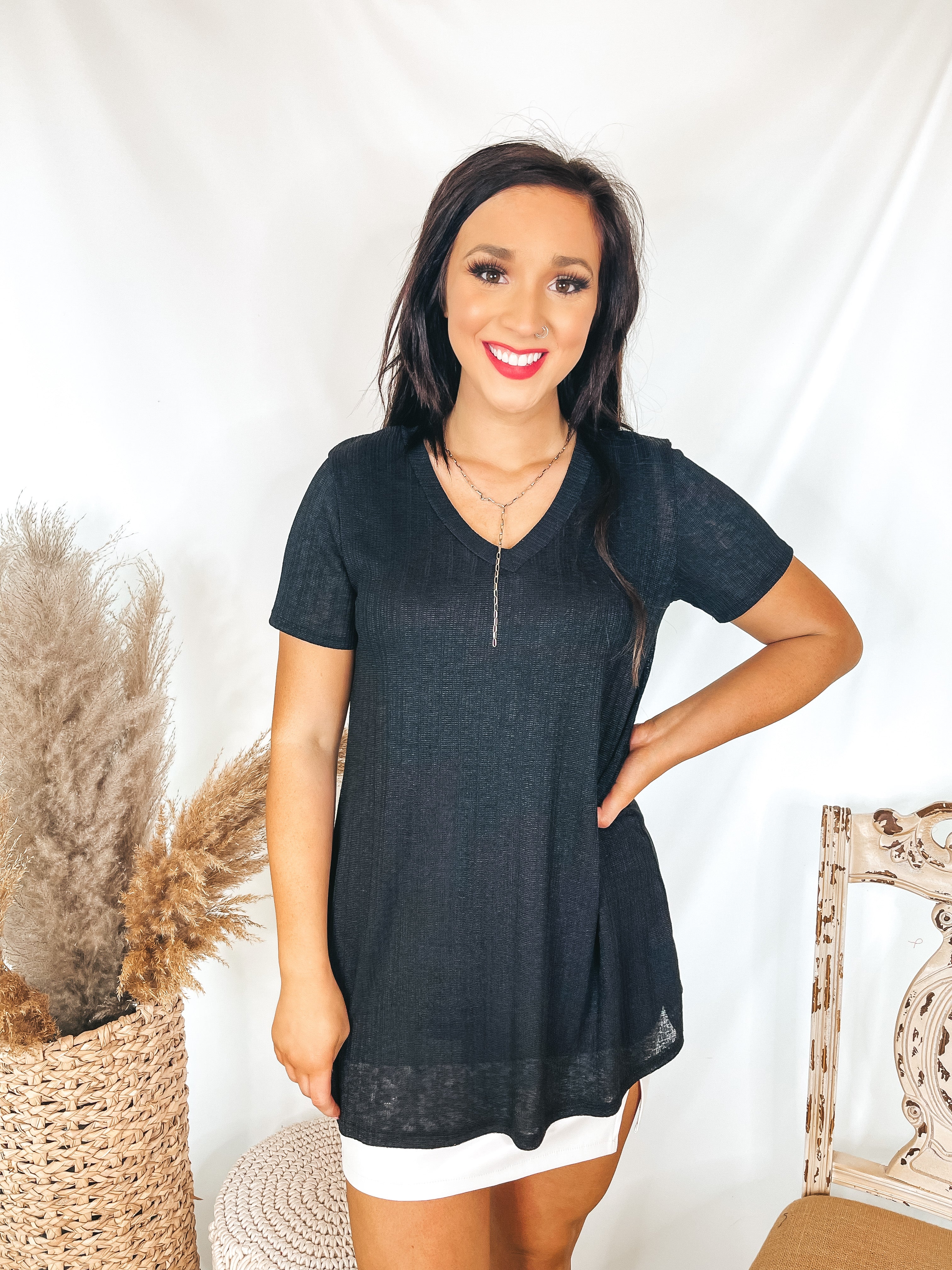 Looking For You Short Sleeve V Neck Top in Black - Giddy Up Glamour Boutique