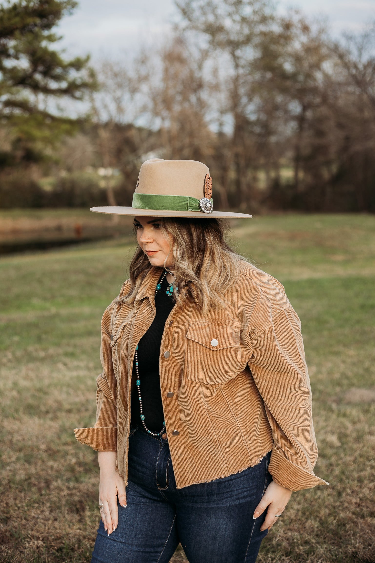 Charlie 1 Horse | Hippie Wool Felt Hat with Ribbon Band and Concho with Leather Feather in Buck - Giddy Up Glamour Boutique