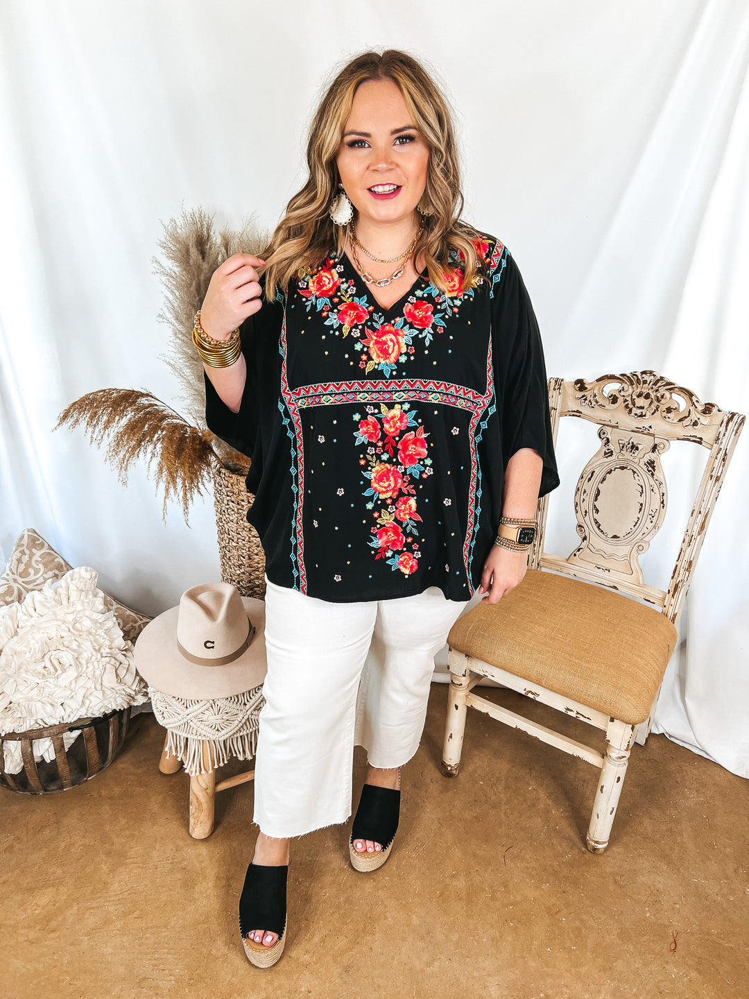 More To The Story Floral Embroidered Poncho Top in Black - Giddy Up Glamour Boutique