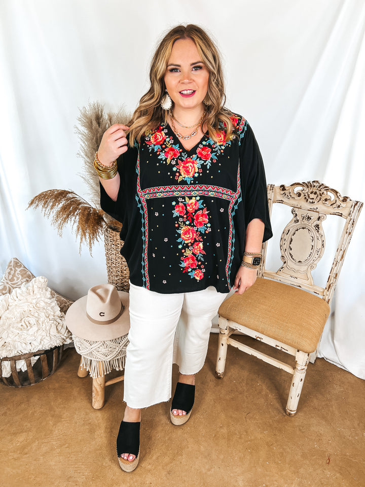 More To The Story Floral Embroidered Poncho Top in Black - Giddy Up Glamour Boutique