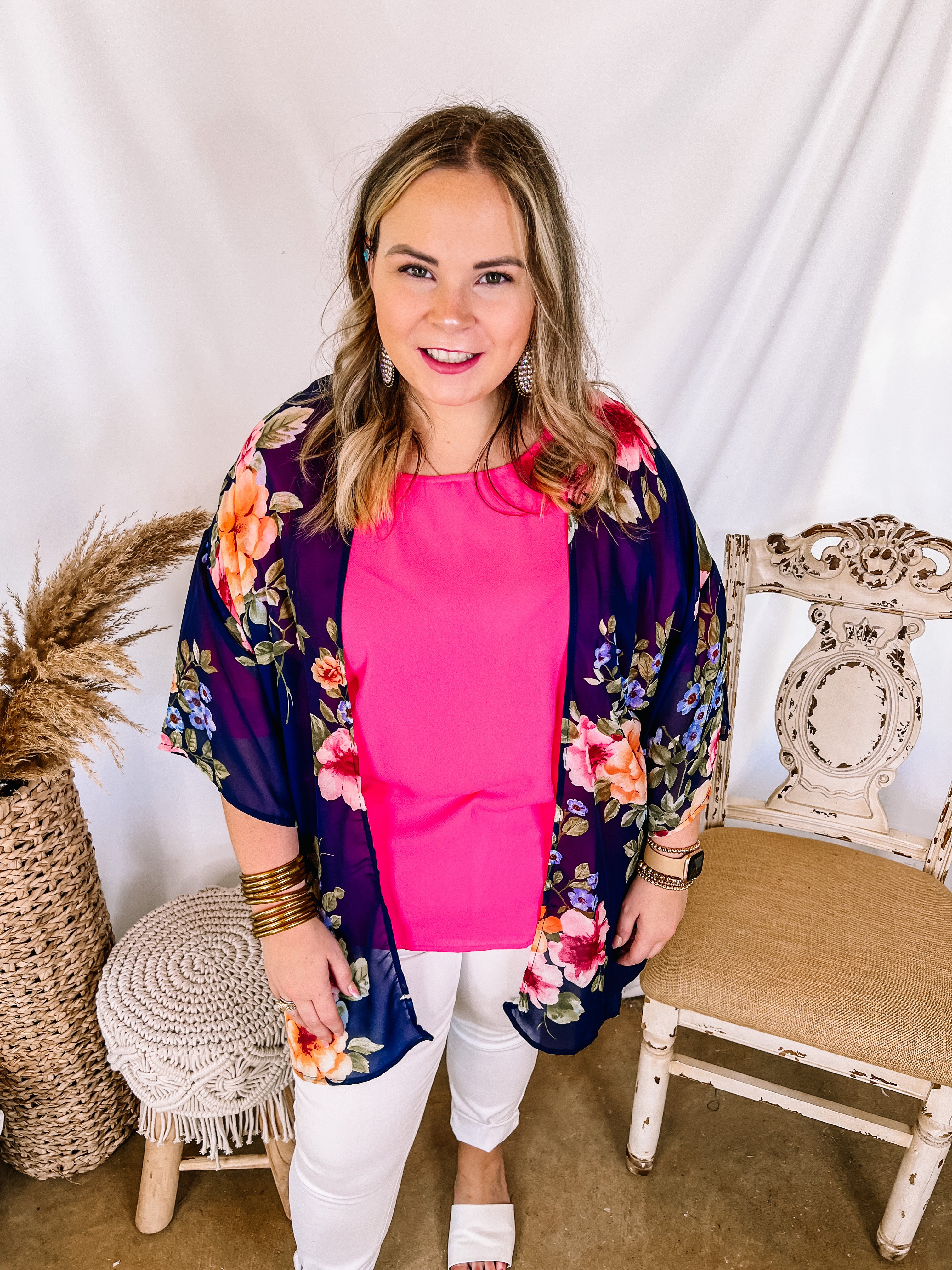 Forever Friends Floral Print Short Sleeve Kimono in Dusty Navy Blue - Giddy Up Glamour Boutique