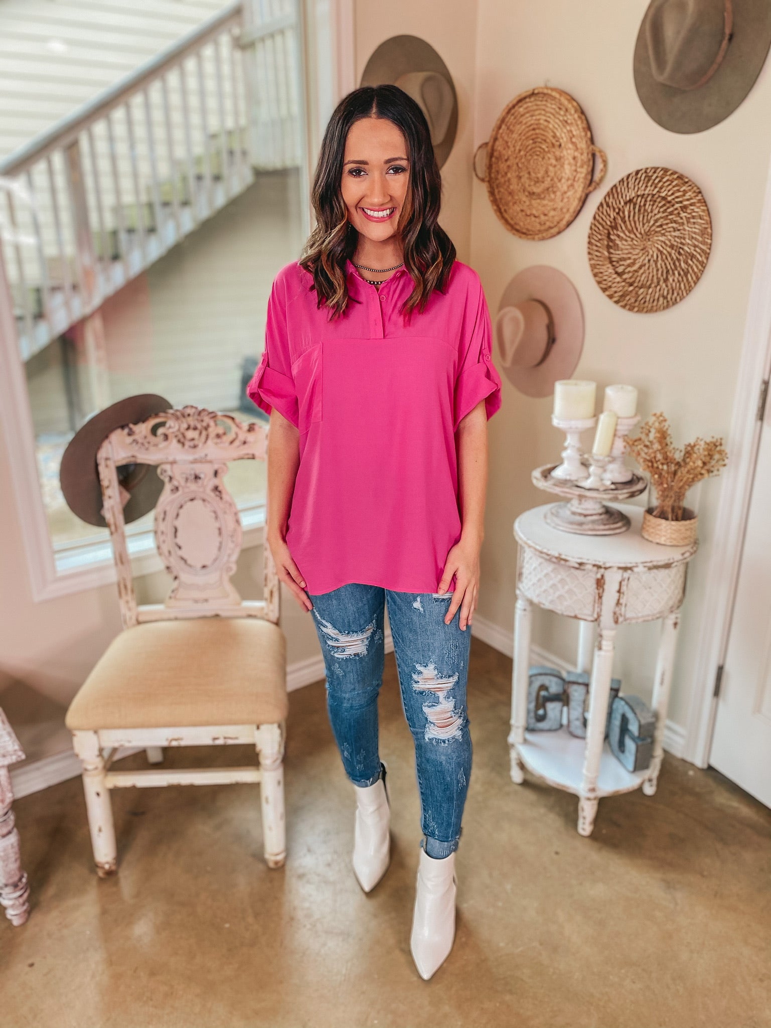 Chic Status Button and Collared Neckline Short Sleeve Top in Fuchsia - Giddy Up Glamour Boutique