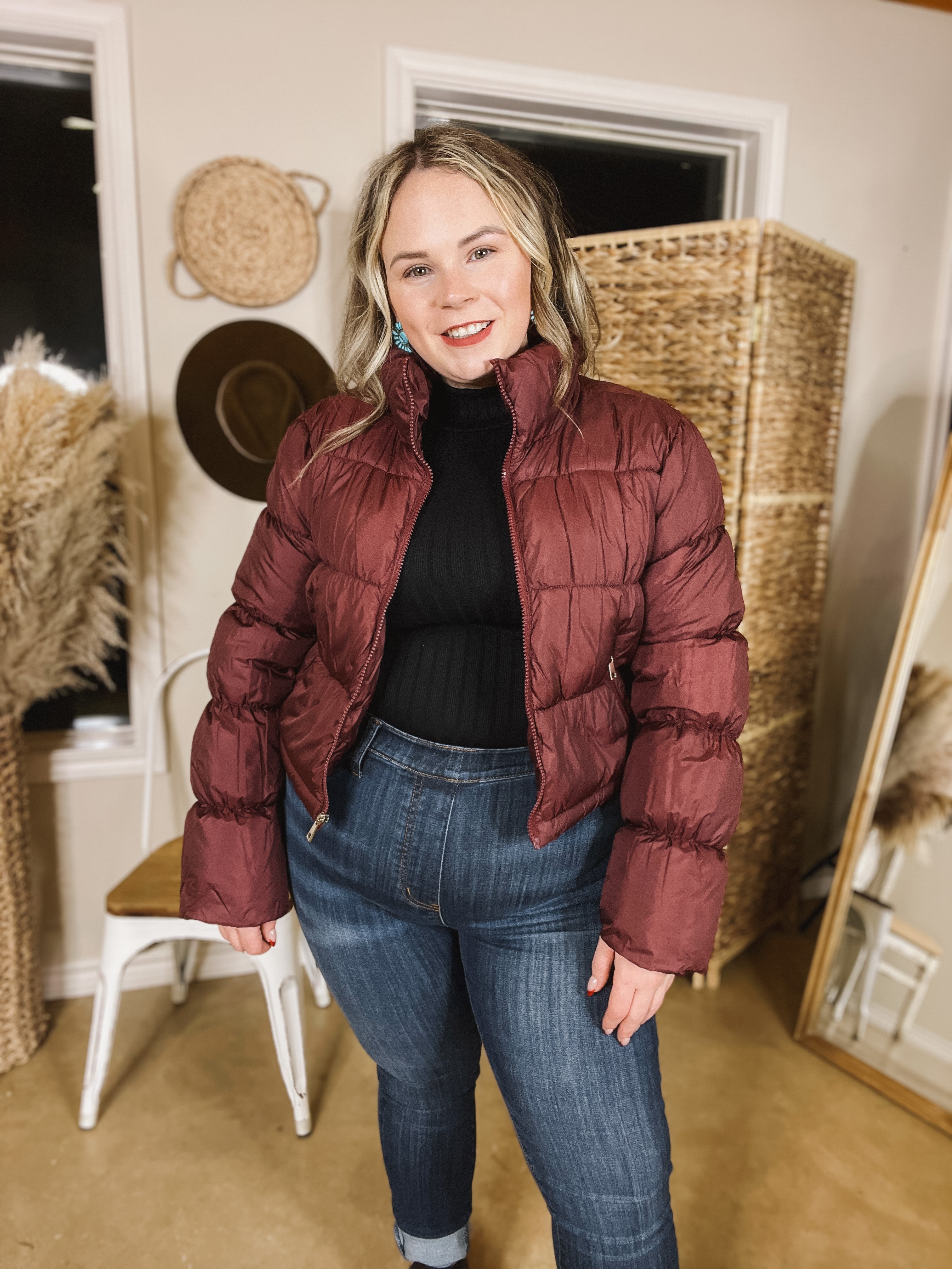 Wrapped In Cozy Cropped Puffer Jacket in Maroon - Giddy Up Glamour Boutique
