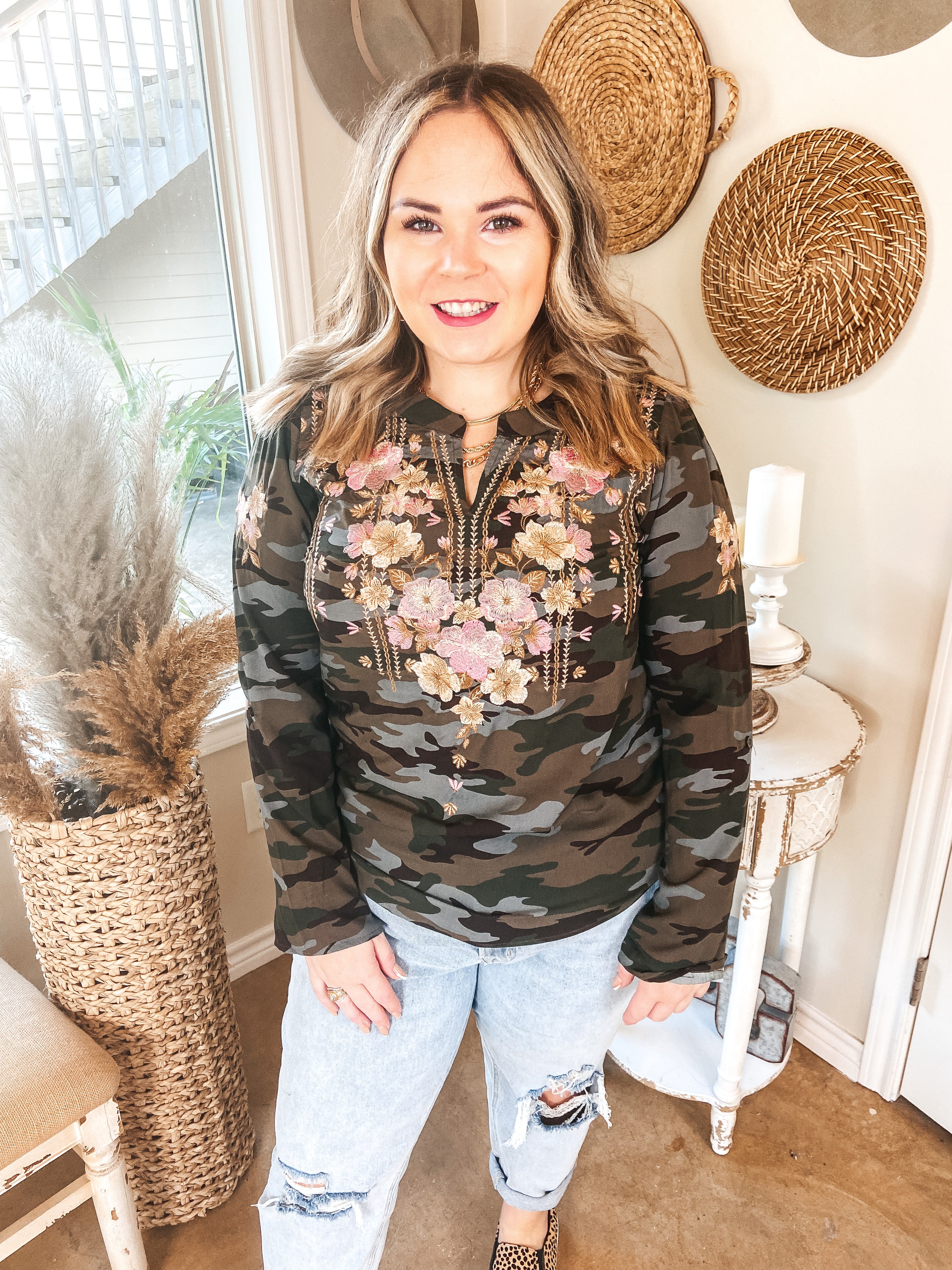 Last Chance Size Small & Med. | On My Heart 3/4 Sleeve Embroidered Notched Neck Top in Camouflage - Giddy Up Glamour Boutique