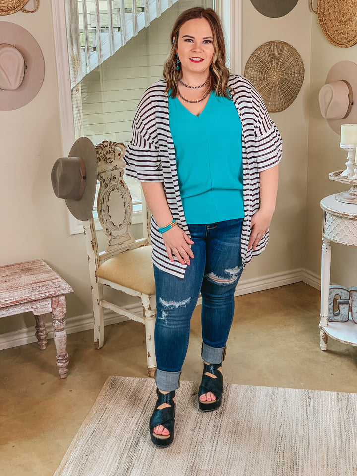 Cross My Mind Stripe Cardigan with Ruffle Sleeves in White - Giddy Up Glamour Boutique