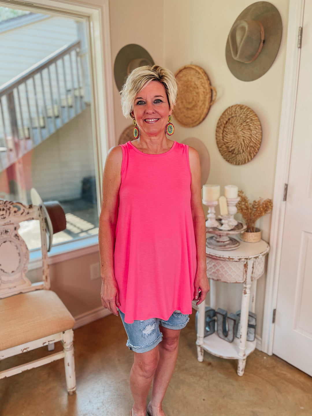 Give Me Joy Solid Bulgari A-Line Tank Top in Neon Pink - Giddy Up Glamour Boutique