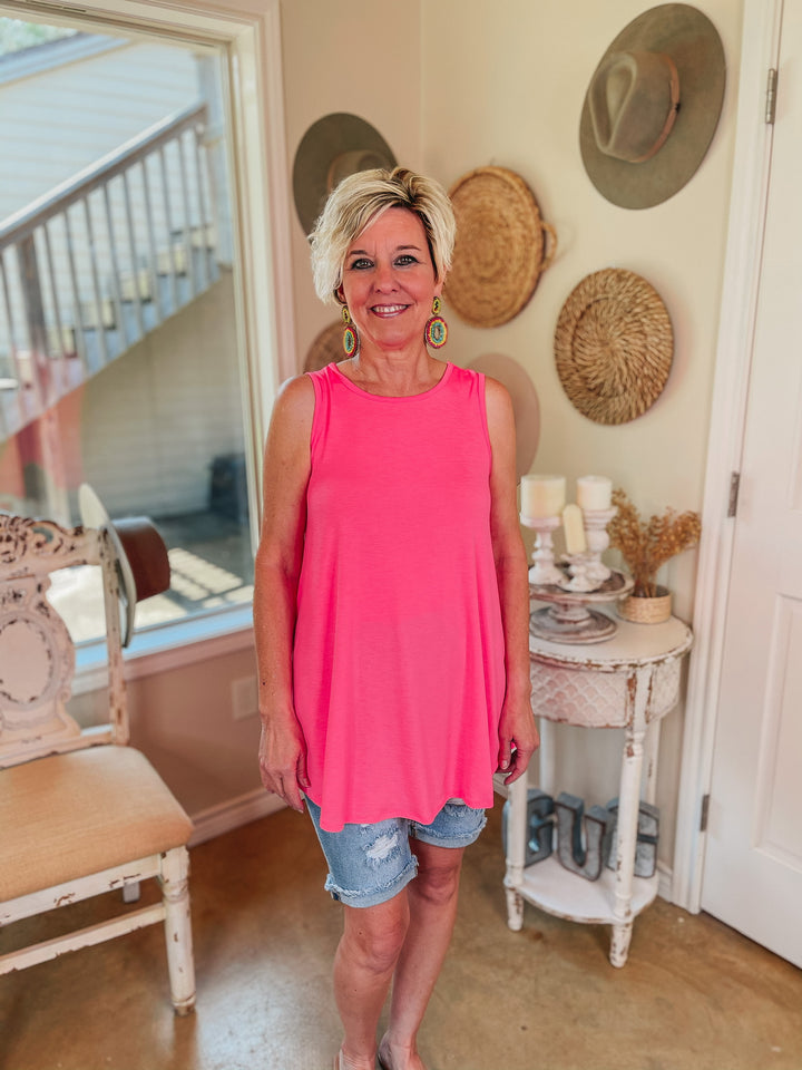 Give Me Joy Solid Bulgari A-Line Tank Top in Neon Pink - Giddy Up Glamour Boutique
