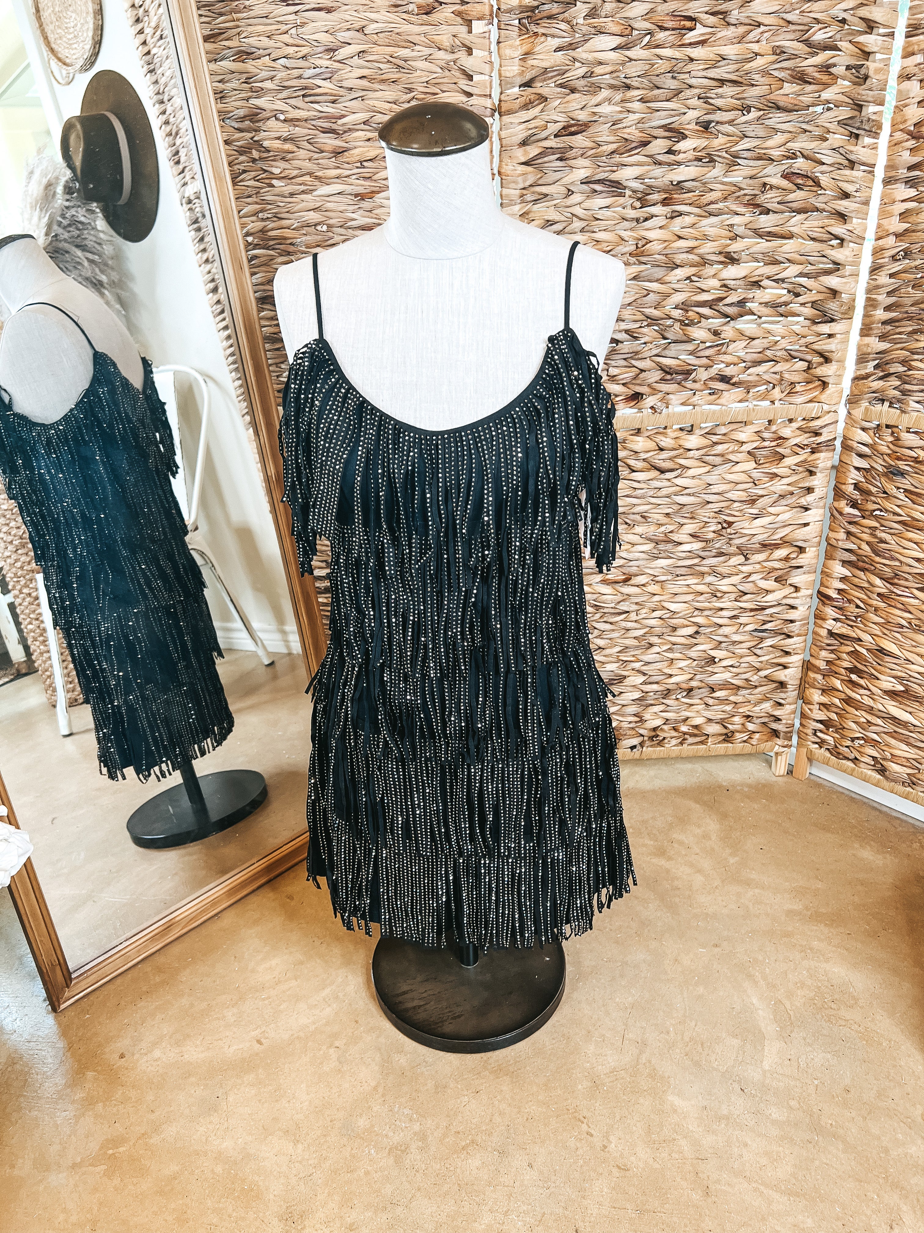 Cowboy Killer Crystal Fringe Dress in Black - Giddy Up Glamour Boutique