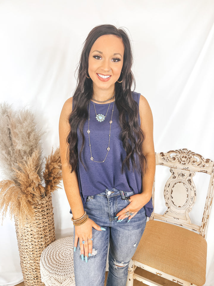 Give Me Joy Solid Knit A-Line Tank Top in Dusty Navy Blue - Giddy Up Glamour Boutique