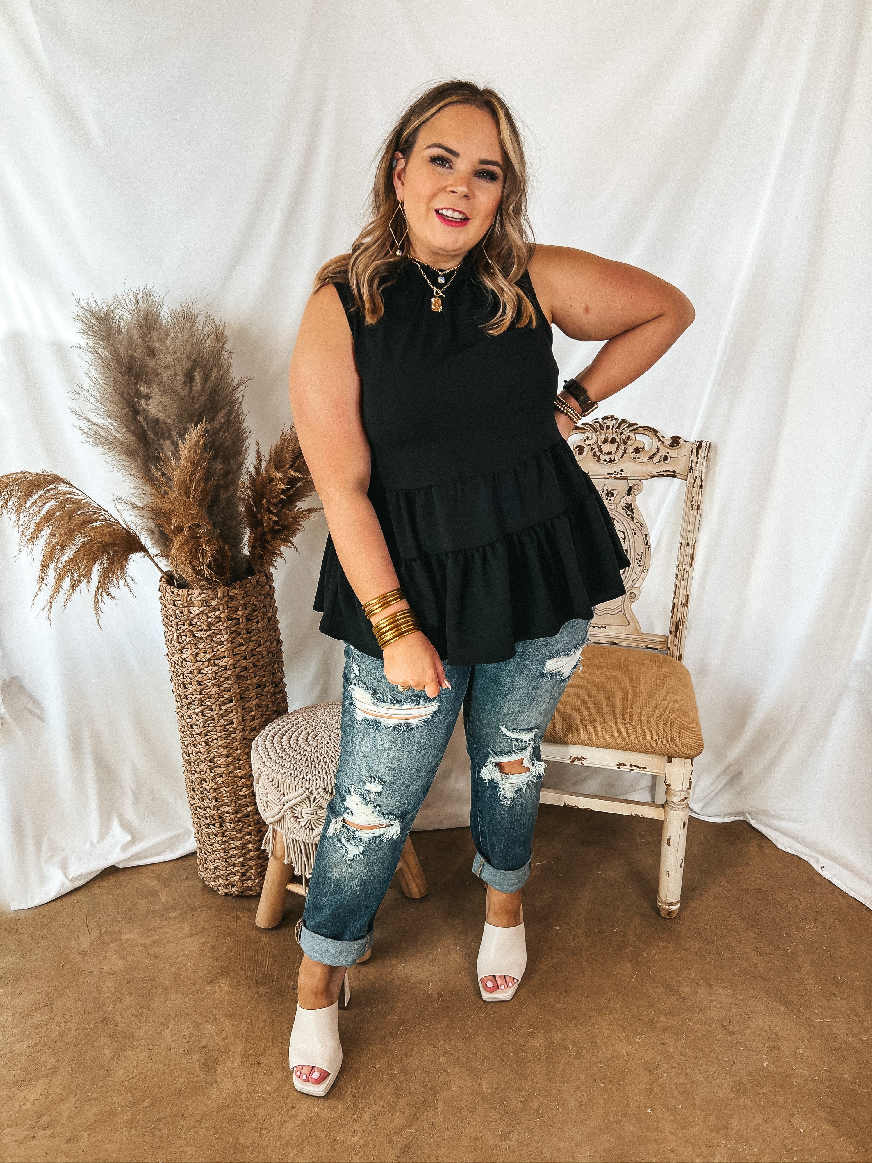 Days In the Sun High Neck Tiered Tank Top in Black - Giddy Up Glamour Boutique