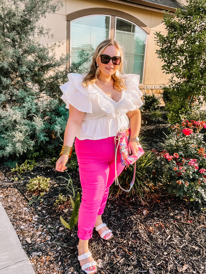 All the Allure Ruffle V Neck Peplum Top in White - Giddy Up Glamour Boutique