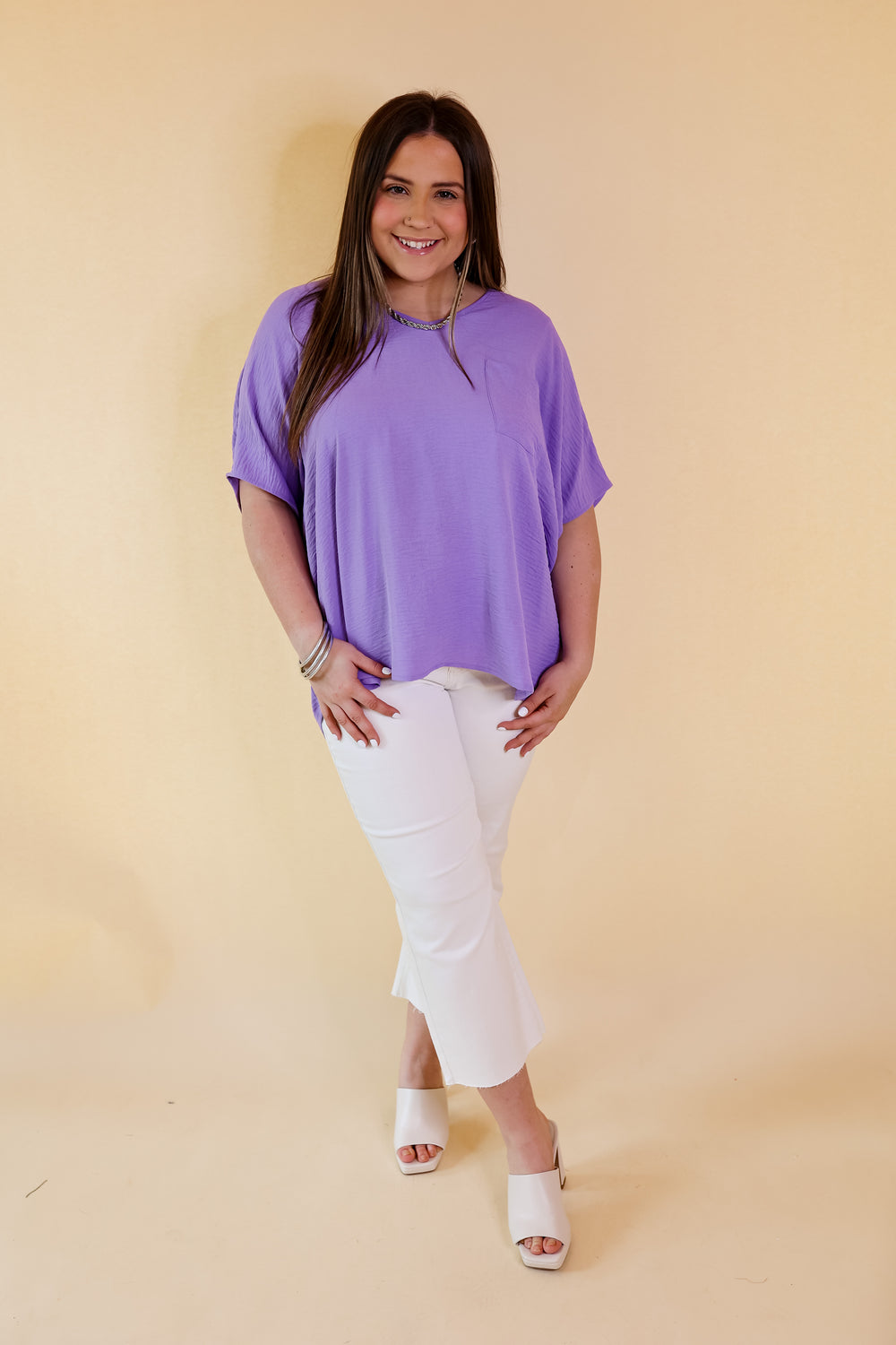 Try To Resist Short Sleeve V Neck Top with Front Pocket in Lavender Purple - Giddy Up Glamour Boutique