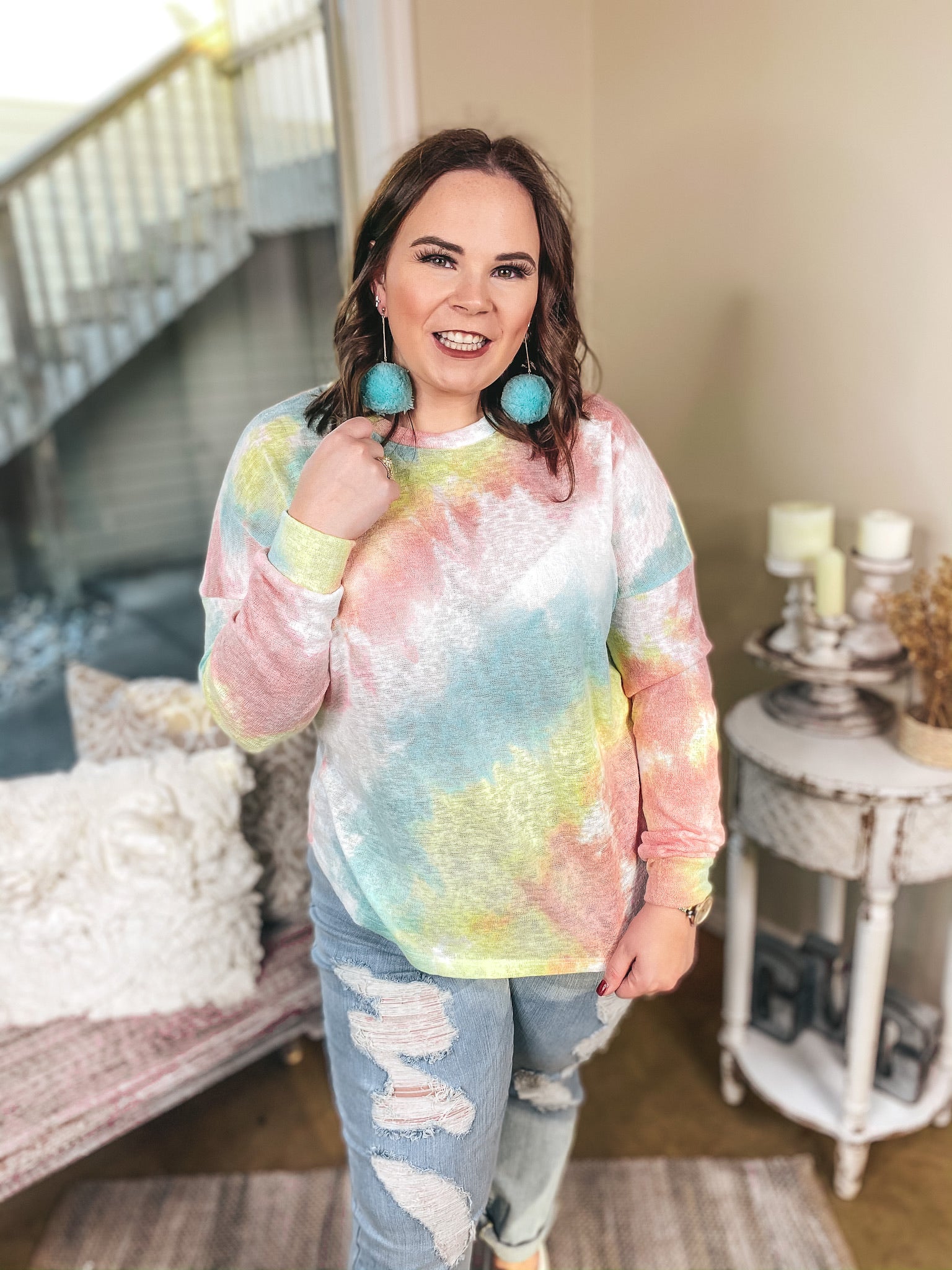 Last Chance Size S/M & M/L | Lighten Up Tie Dye Long Sleeve Top in Mint and Coral - Giddy Up Glamour Boutique