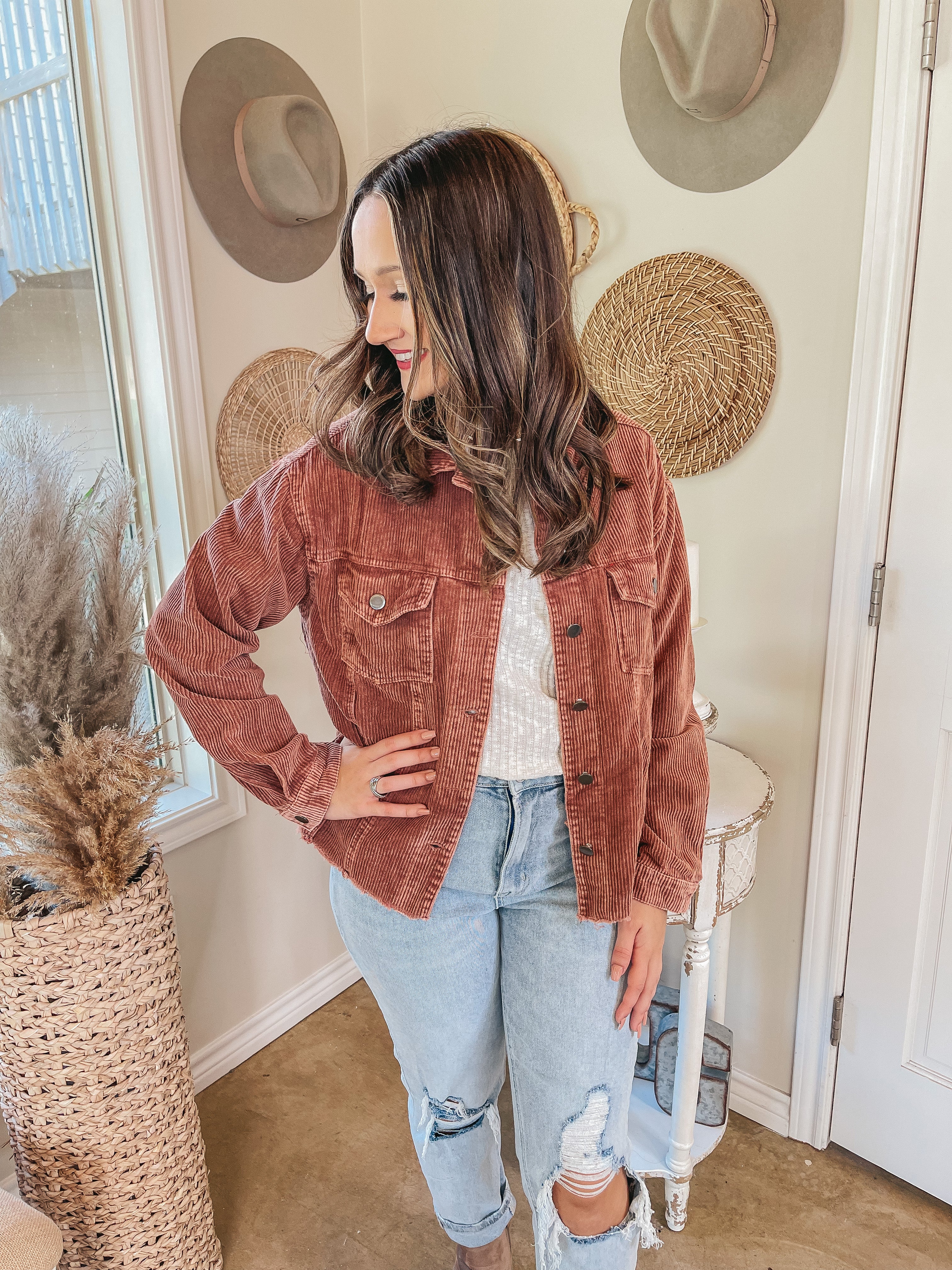 Vermont Stroll Corduroy Cropped Shacket in Brown - Giddy Up Glamour Boutique
