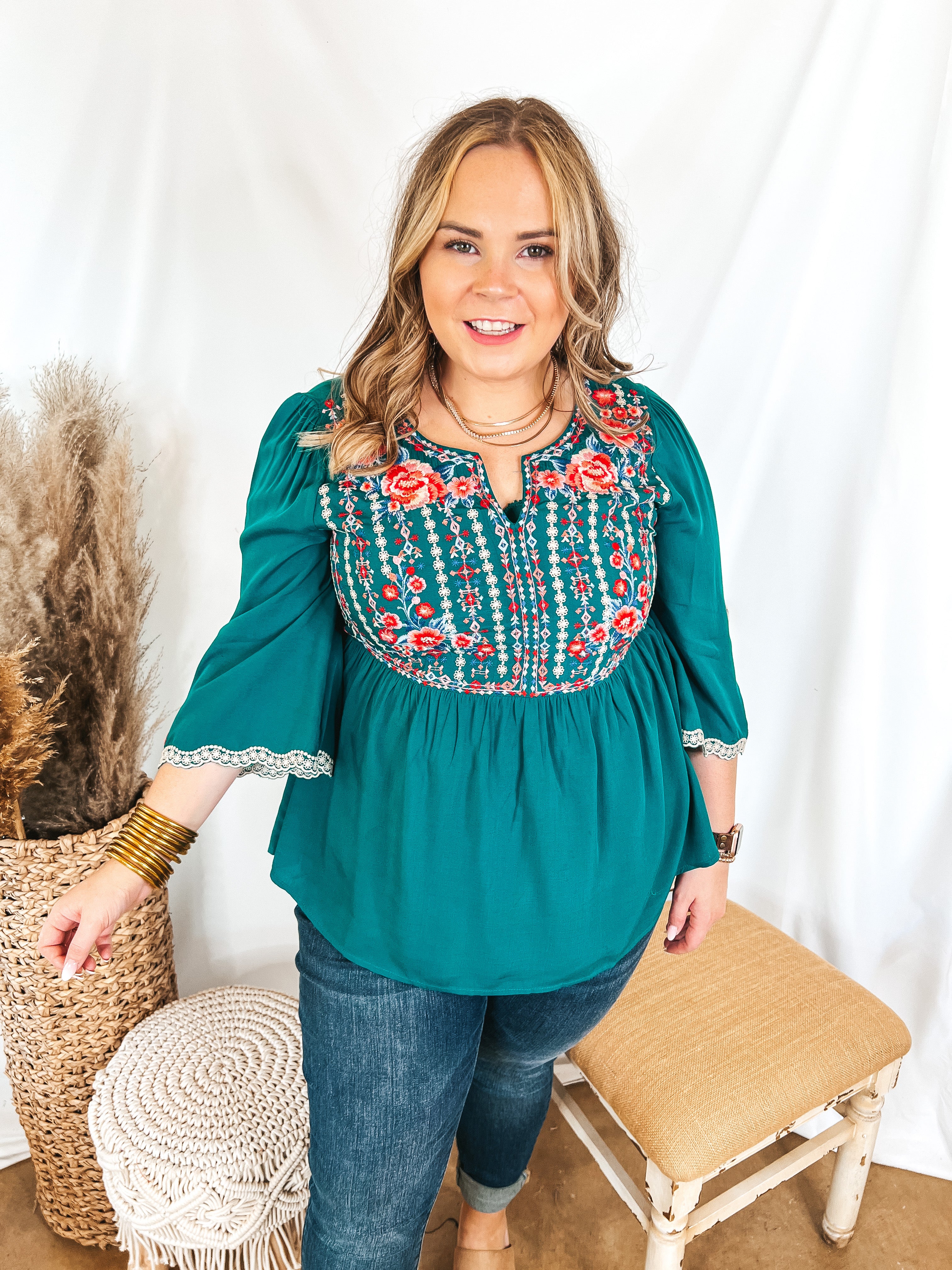 Already Mine 3/4 Bell Sleeve Embroidered Babydoll Top in Teal - Giddy Up Glamour Boutique