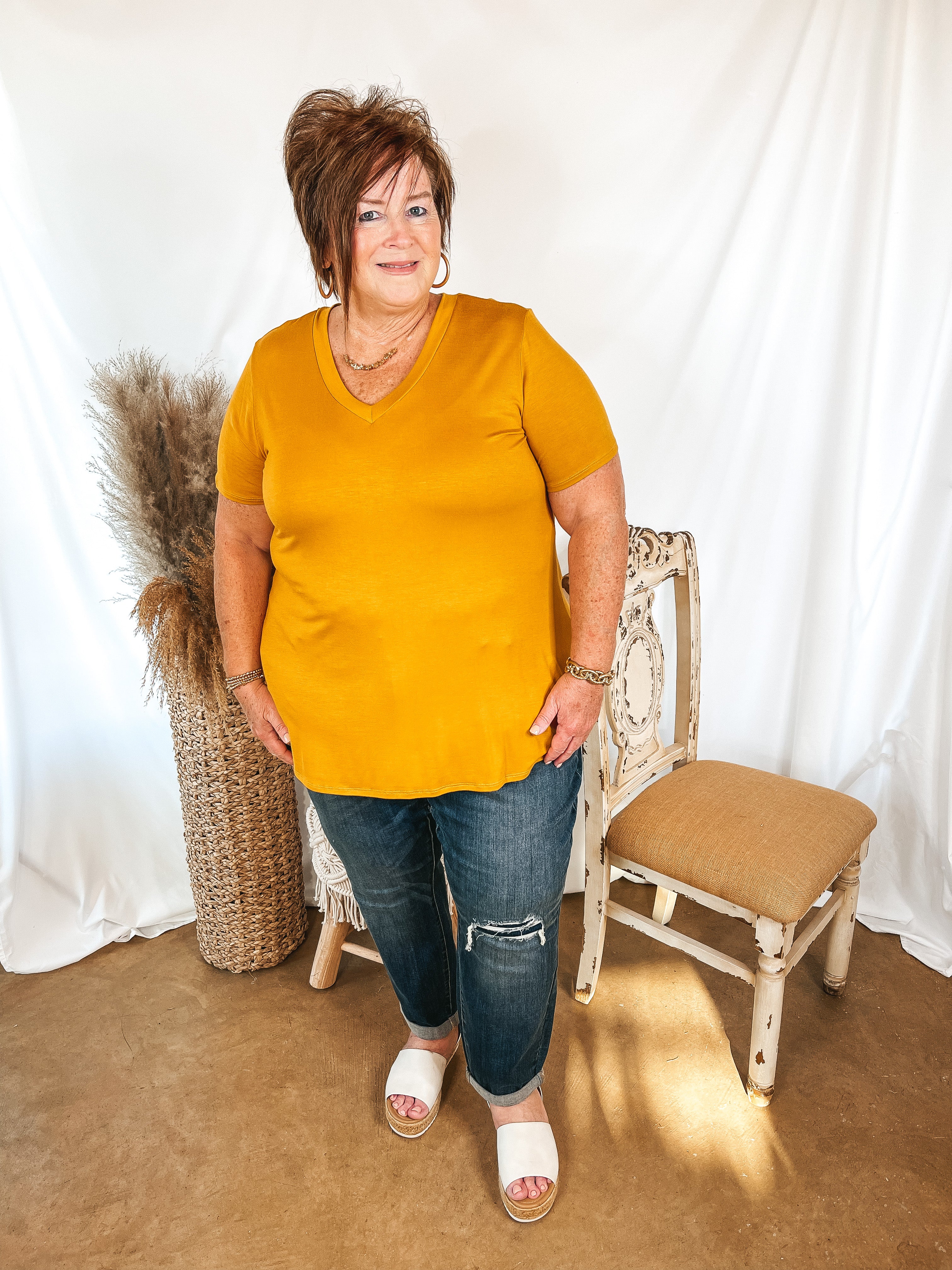 It's That Simple Solid V Neck Tee in Mustard Yellow - Giddy Up Glamour Boutique