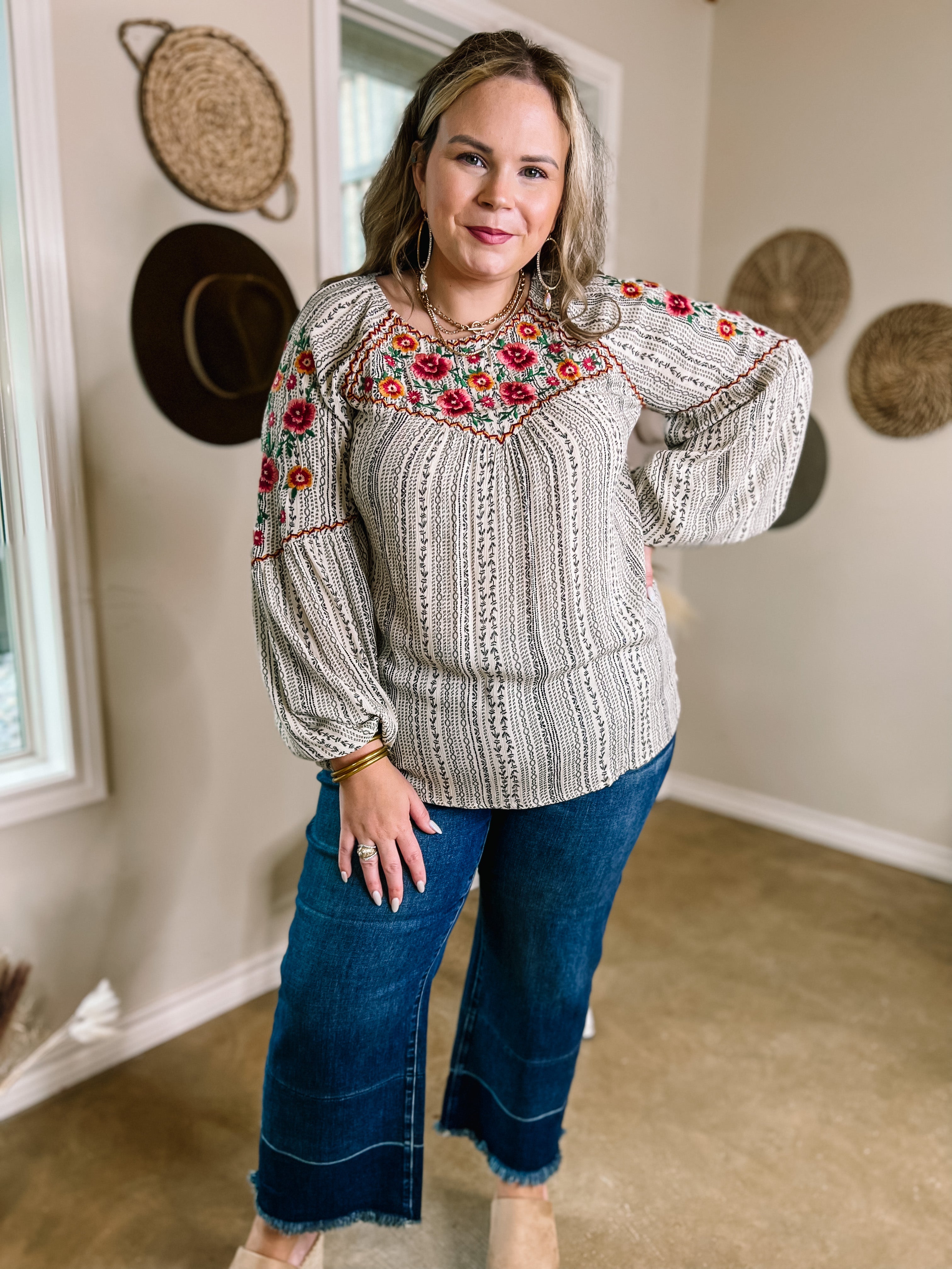 Savanna Jane | Looking For Peace Long Sleeve Tribal Print Floral Embroidered Top in Ivory - Giddy Up Glamour Boutique