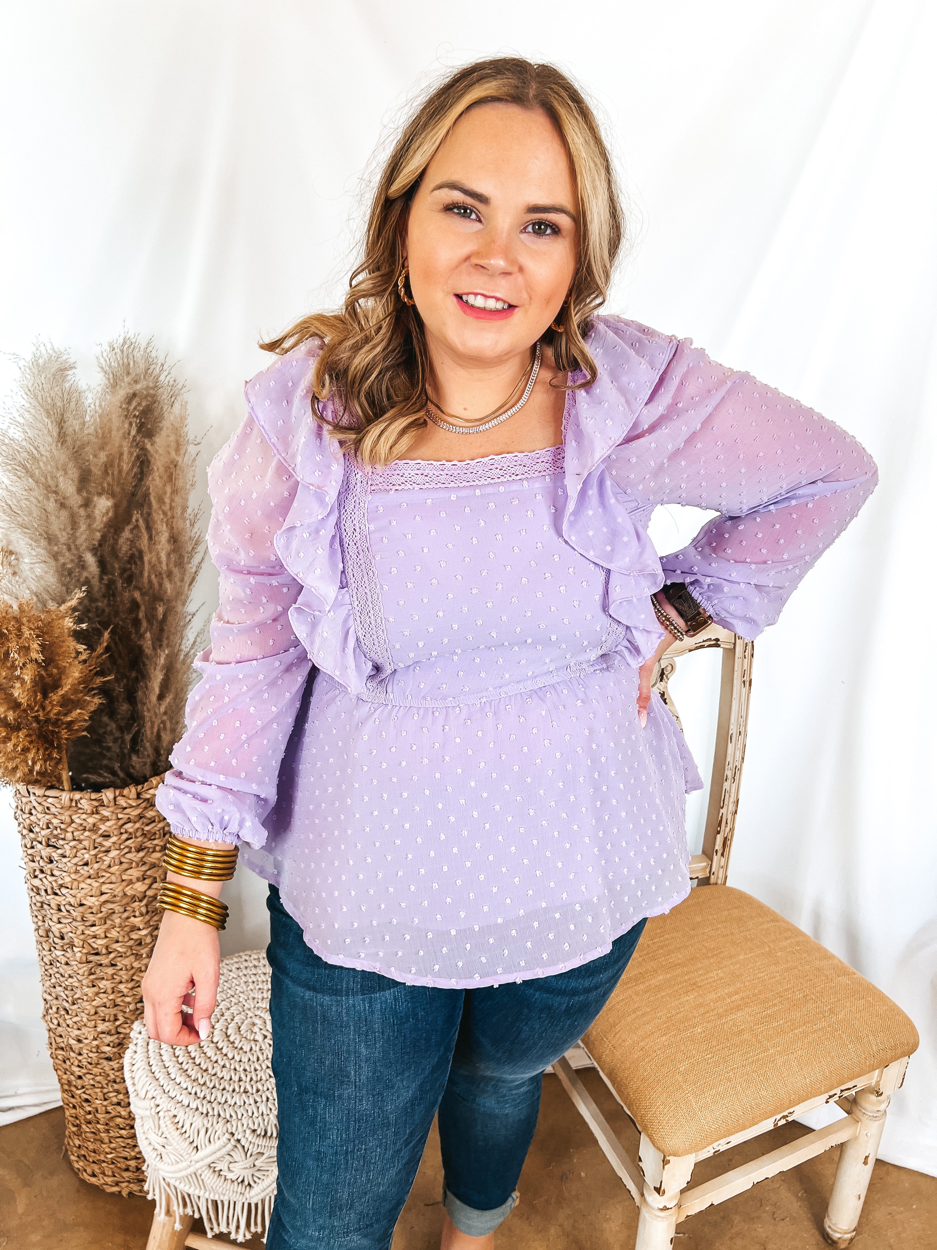 Spring Into Action Swiss Dot Long Sleeve Peplum Top with Ruffle Detail in Lavender - Giddy Up Glamour Boutique