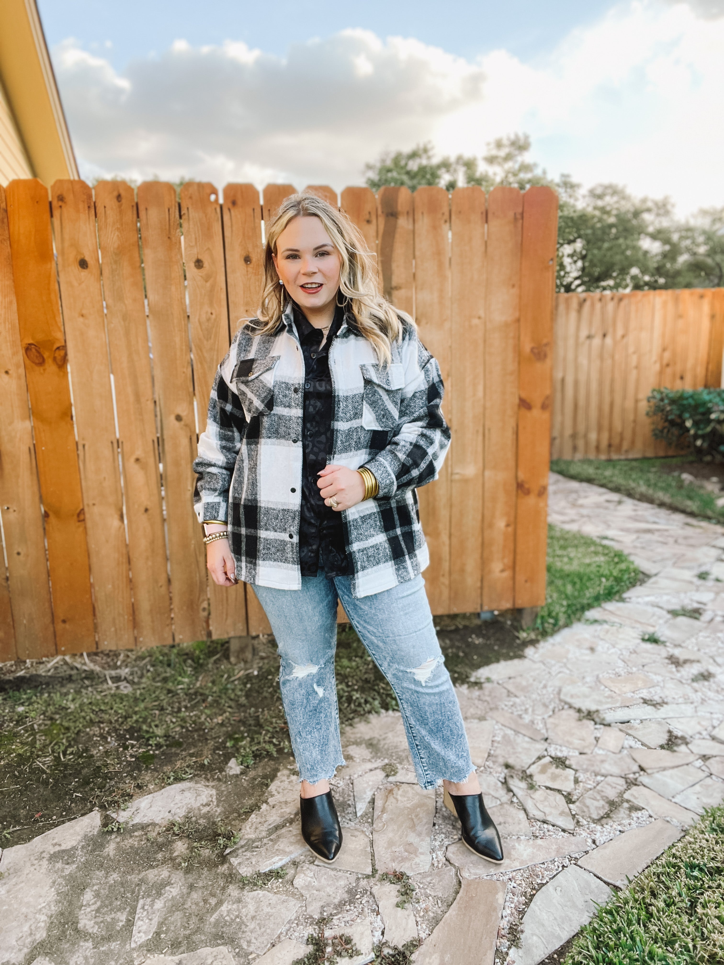 Cozy Memories Plaid Shacket with Front Pockets in Black - Giddy Up Glamour Boutique