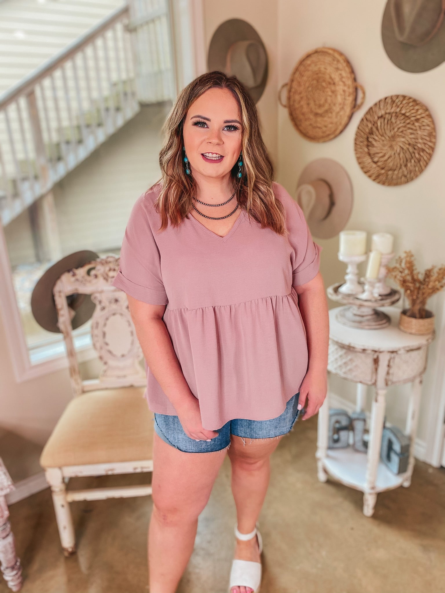 Touring the City Short Sleeve V Neck Babydoll Top in Dusty Pink - Giddy Up Glamour Boutique