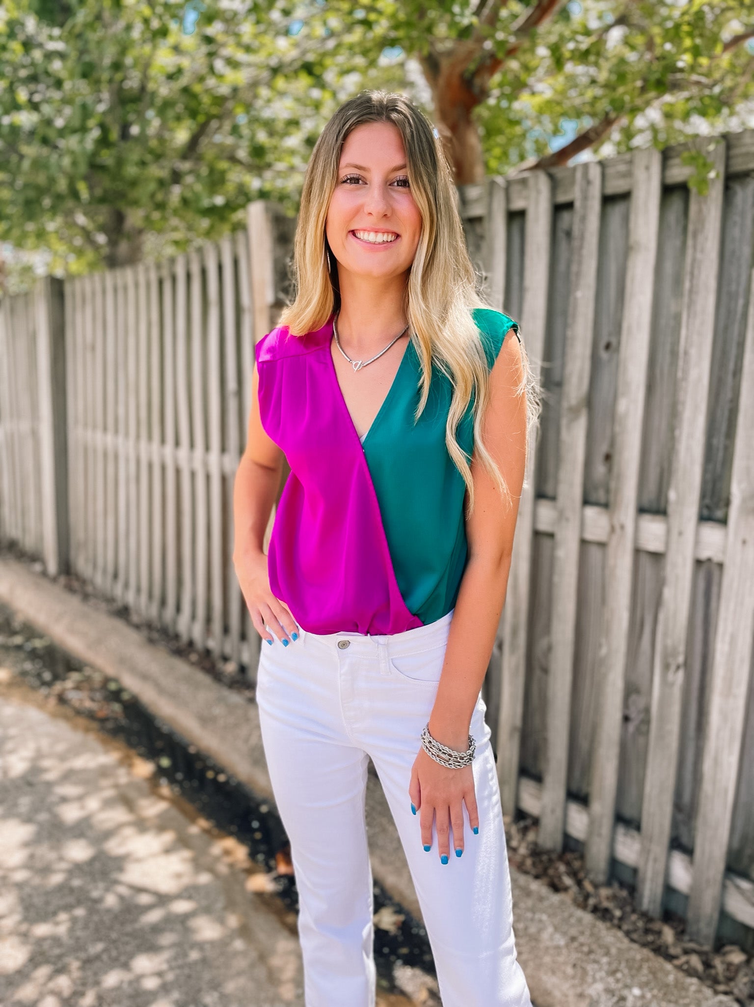 Steal The Night Color Block V Neck Bodysuit in Magenta and Teal Green - Giddy Up Glamour Boutique