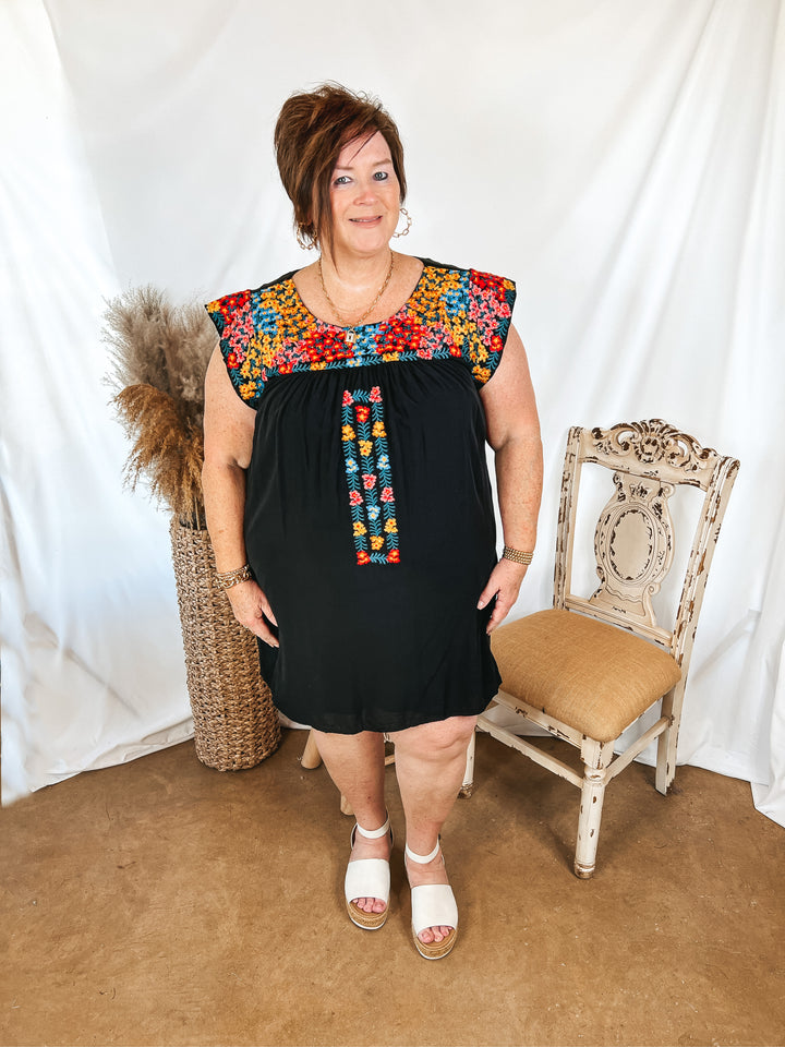 Headed For Happy Floral Embroidered Cap Sleeve Dress in Black - Giddy Up Glamour Boutique