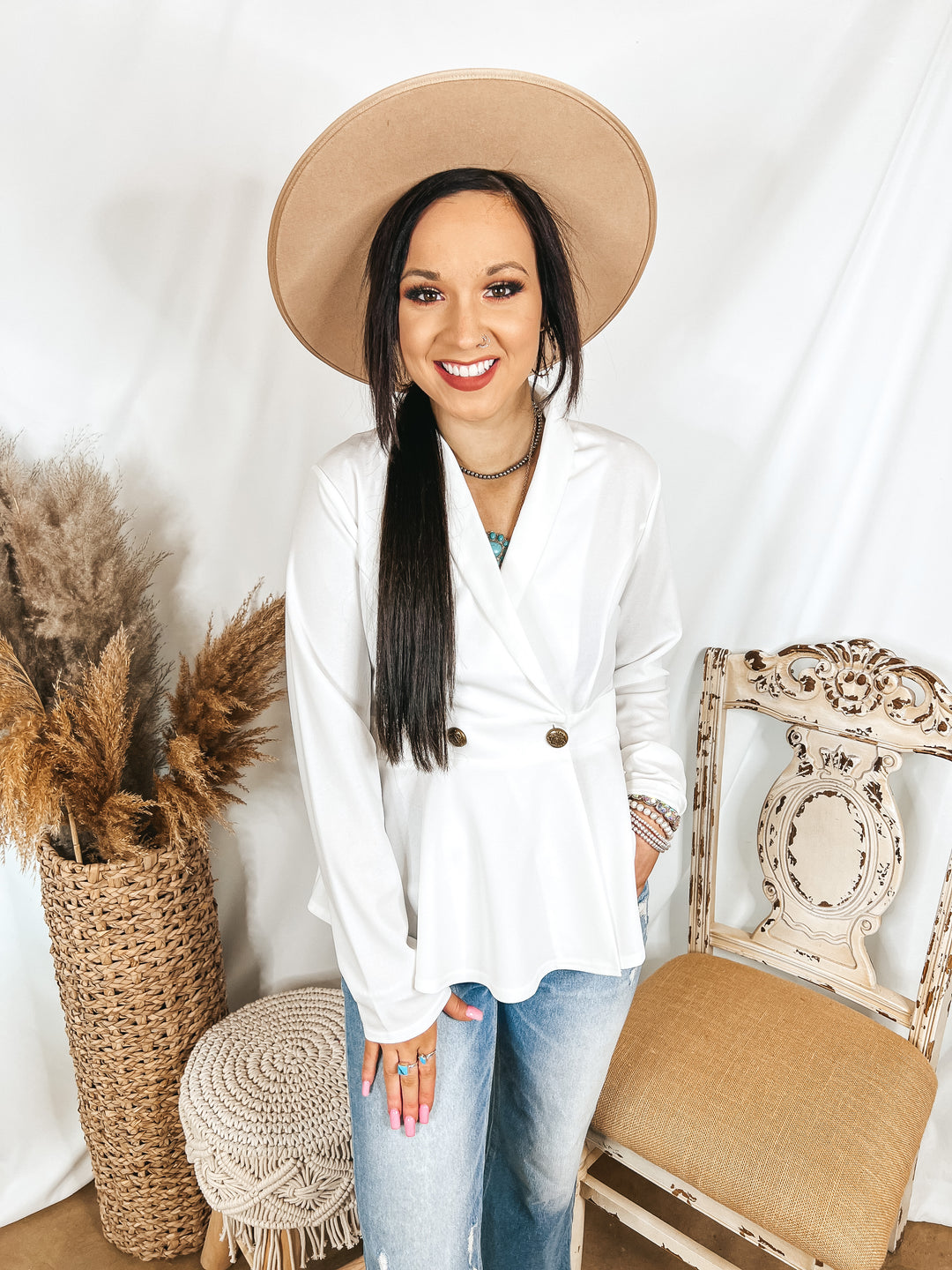 Rumored Romance Double Breasted Peplum Blazer Blouse in Ivory - Giddy Up Glamour Boutique