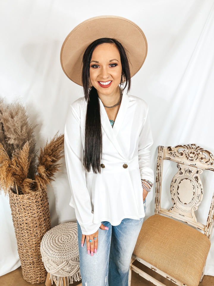 Rumored Romance Double Breasted Peplum Blazer Blouse in Ivory - Giddy Up Glamour Boutique