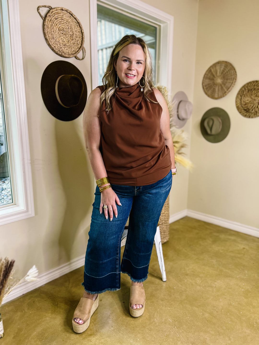 Hot Spot High Cowl Neck Tank Top in Brown - Giddy Up Glamour Boutique