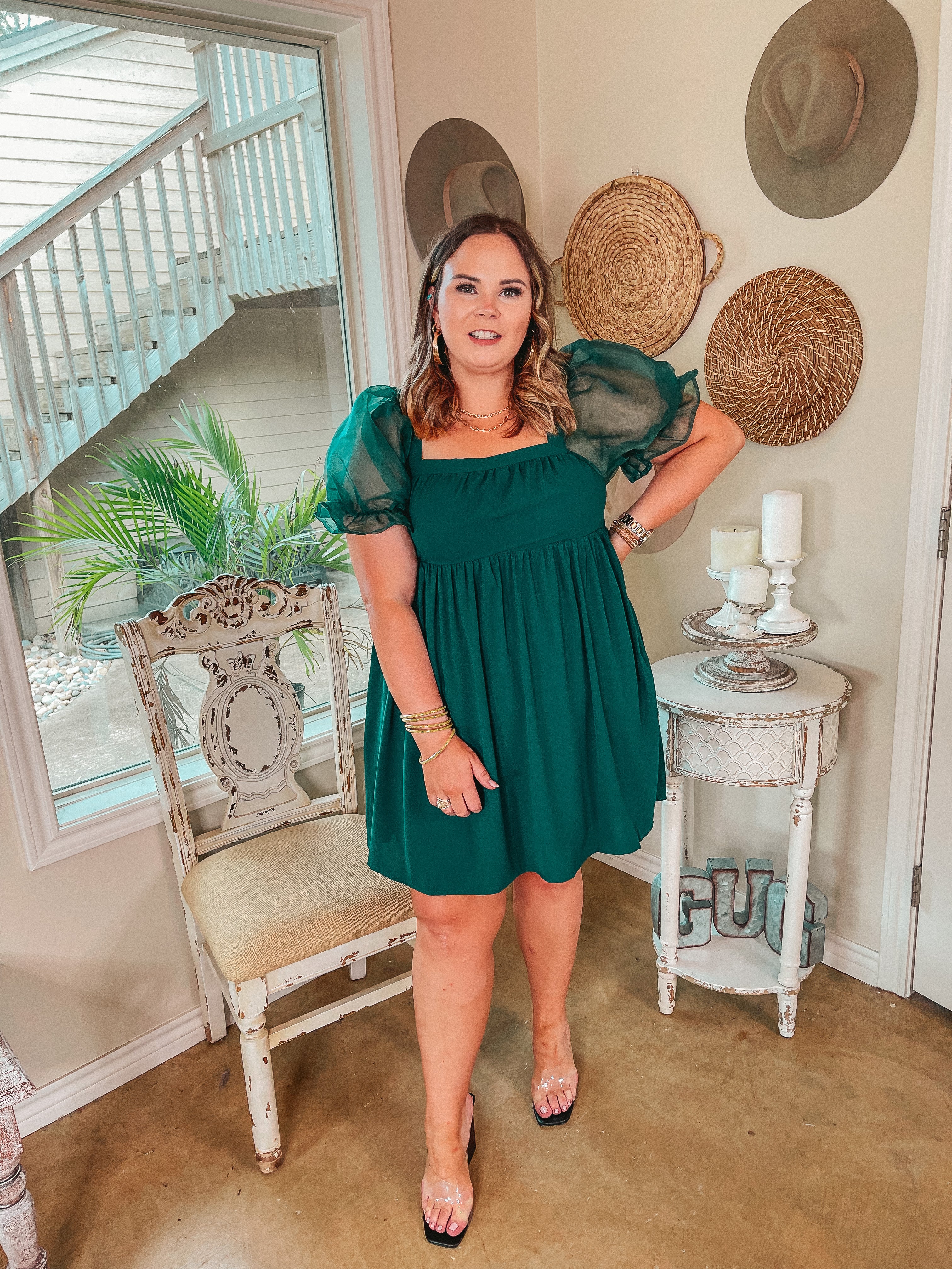 Seasonal Spice Puff Sleeve Babydoll Dress in Emerald Green - Giddy Up Glamour Boutique