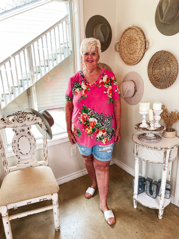 Last Chance Size Small | Keep Things Simple Floral and Leopard V Neck Tee in Fuchsia - Giddy Up Glamour Boutique
