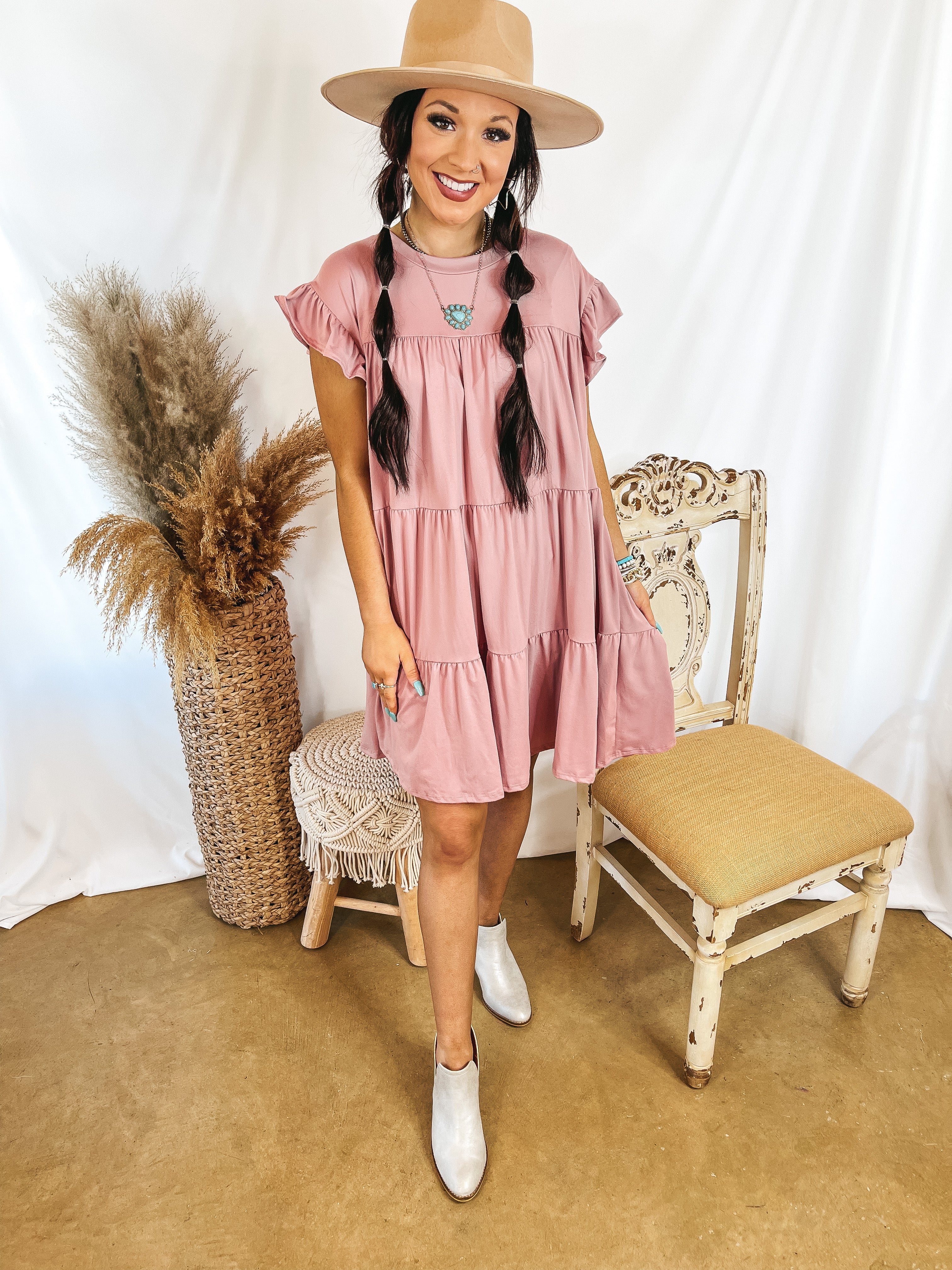 Instant Attraction Solid Ruffle Tiered Dress in Rosewood Pink - Giddy Up Glamour Boutique