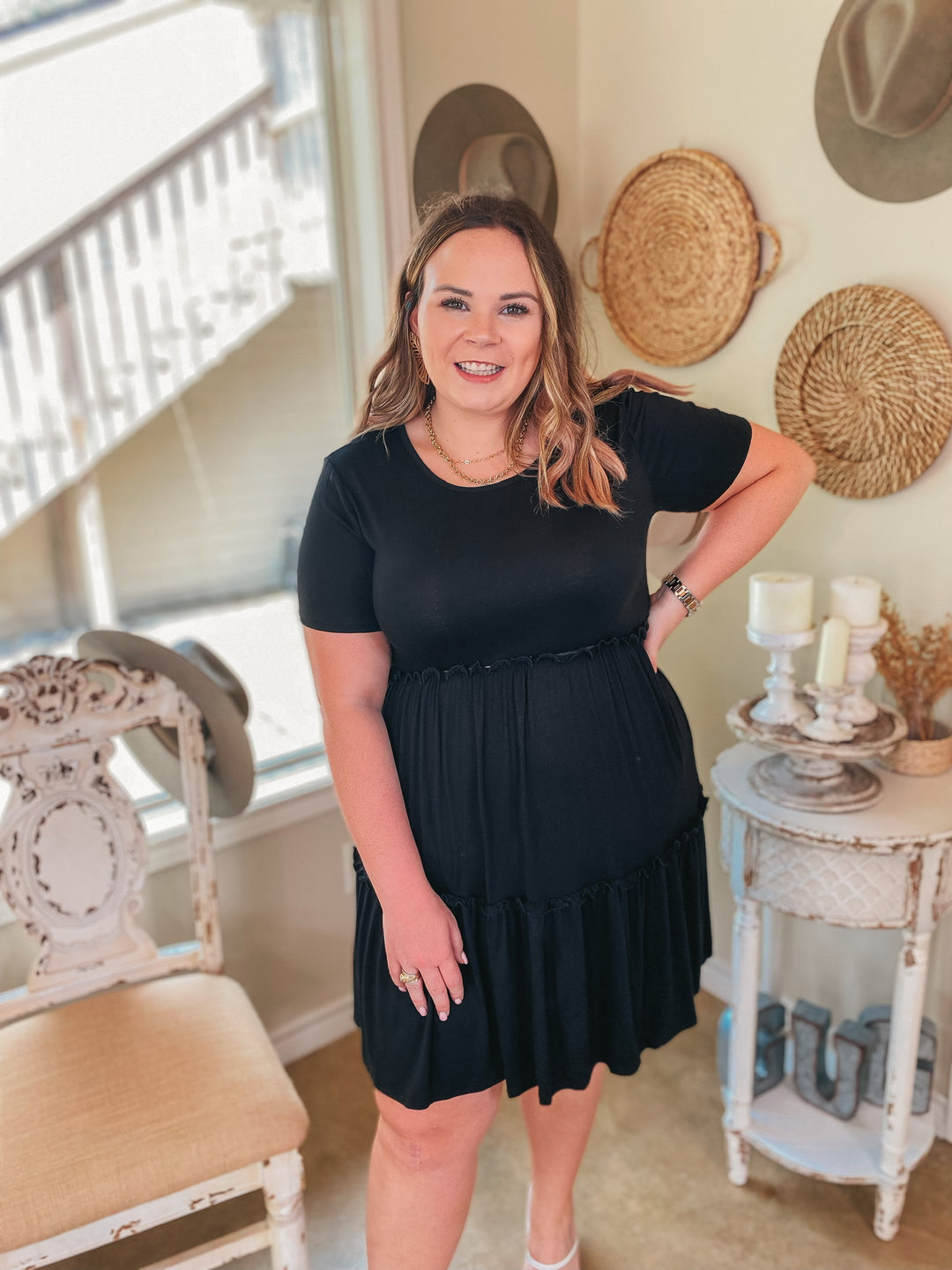 A Night to Remember Ruffle Tiered Short Sleeve Dress in Black - Giddy Up Glamour Boutique