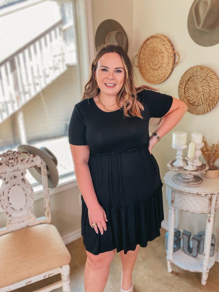 A Night to Remember Ruffle Tiered Short Sleeve Dress in Black - Giddy Up Glamour Boutique