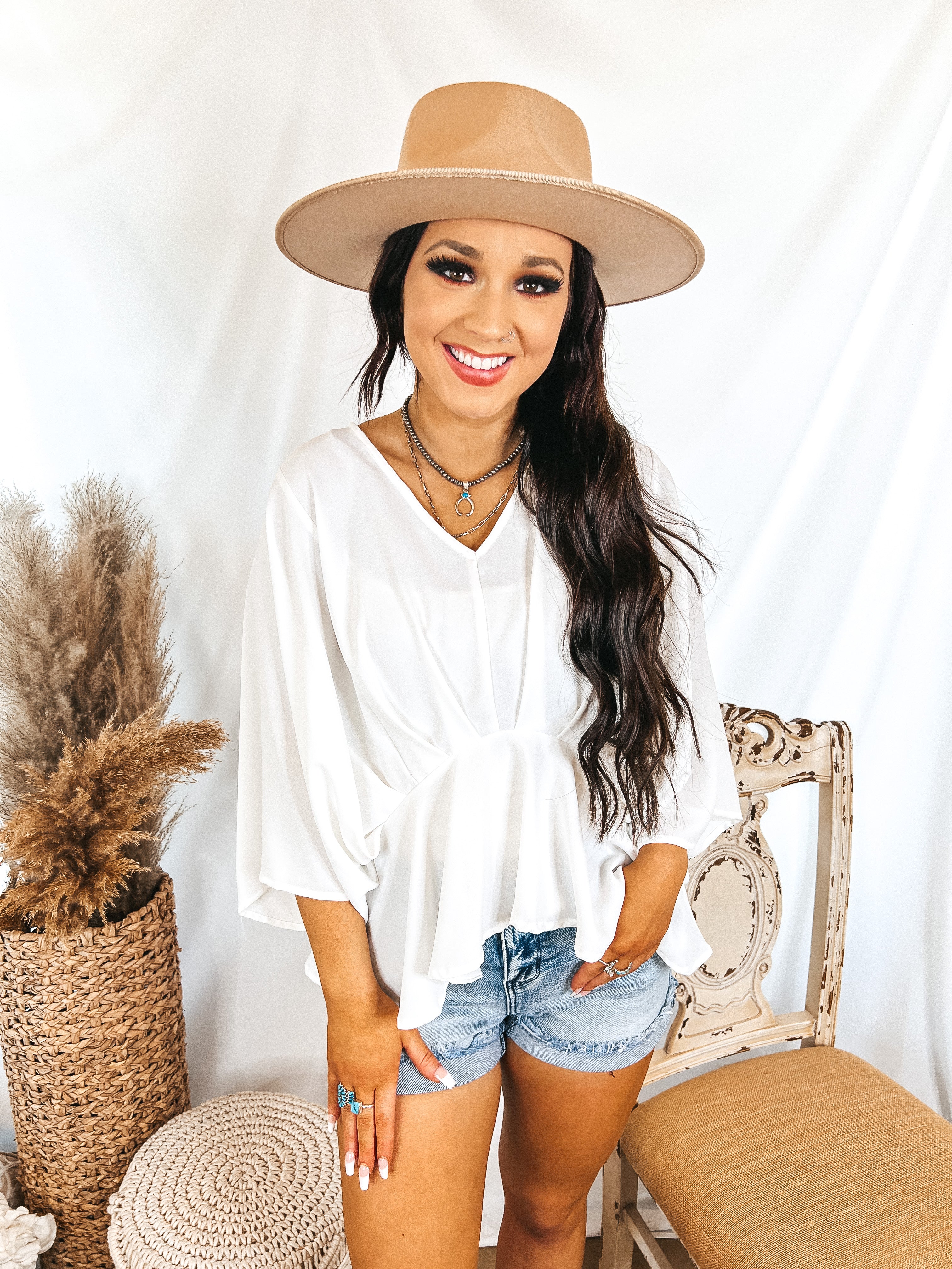 Hear the Music Drop Sleeve V Neck Peplum Top in White - Giddy Up Glamour Boutique