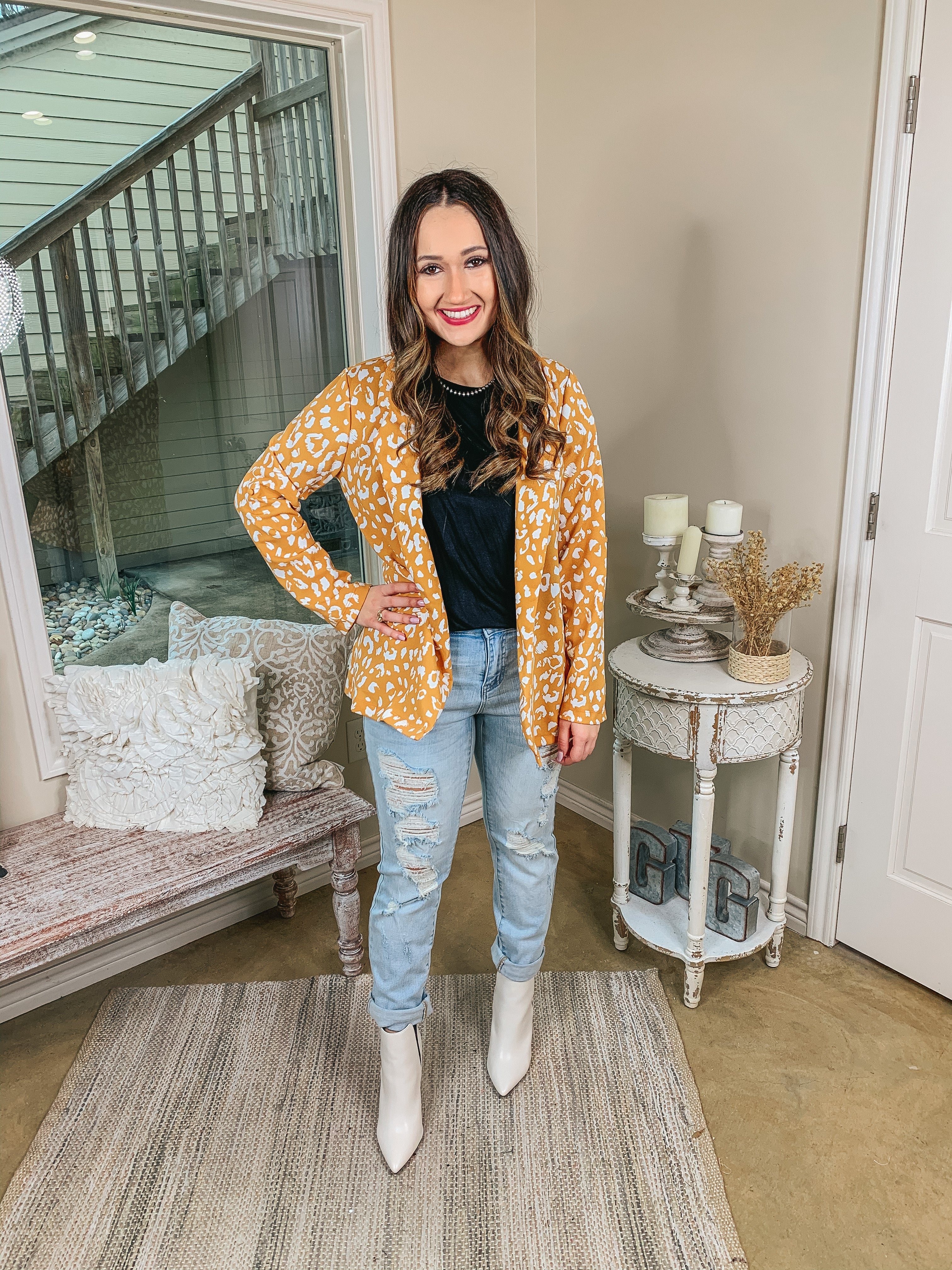 Out Of Office Leopard Print Open Front Blazer with Long Sleeves in Mustard Yellow - Giddy Up Glamour Boutique