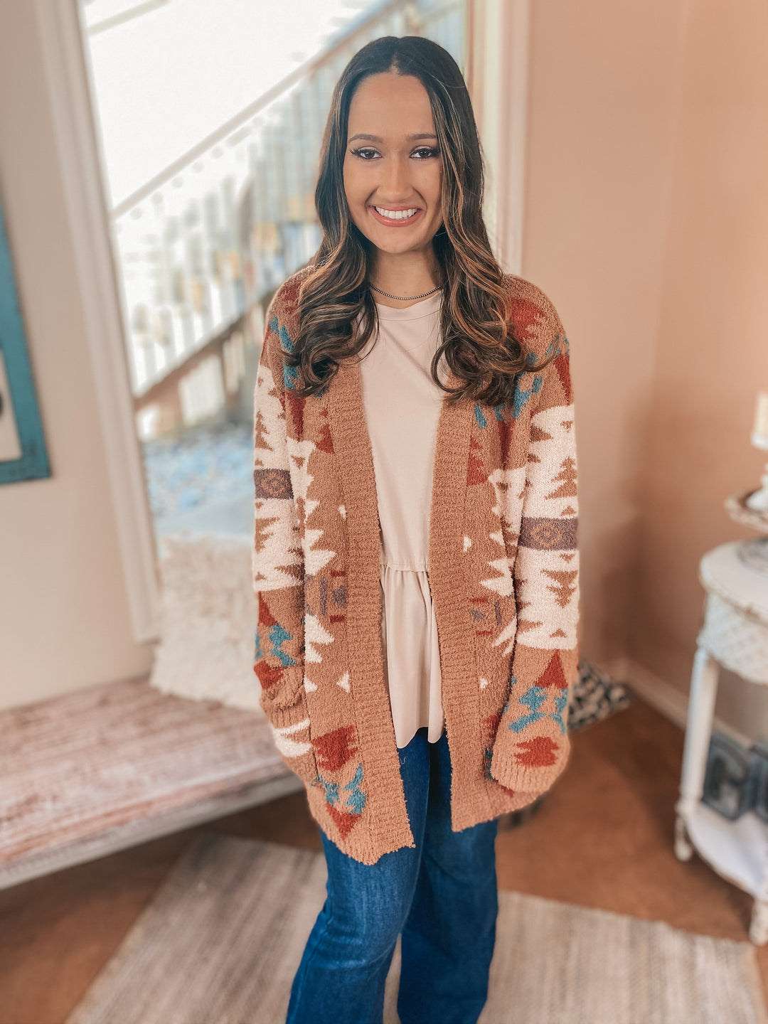 Snuggles in Sheridan Aztec Print Open Front Cardigan in Tan - Giddy Up Glamour Boutique