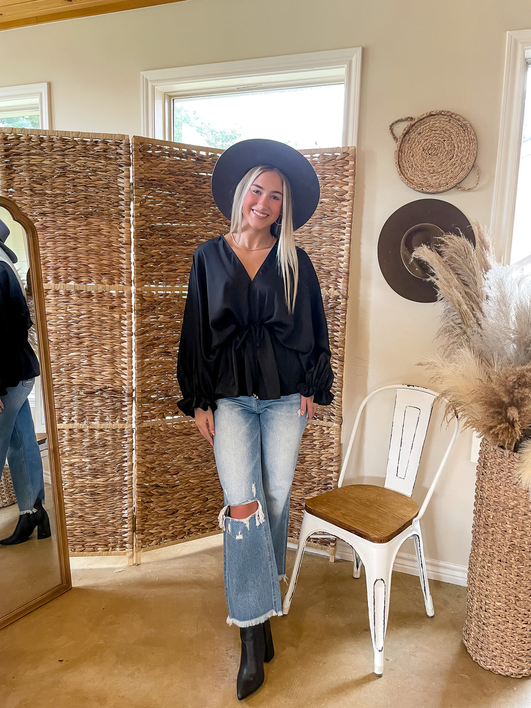 Black Satin Top with Drawstring Waist – Giddy Up Glamour Boutique