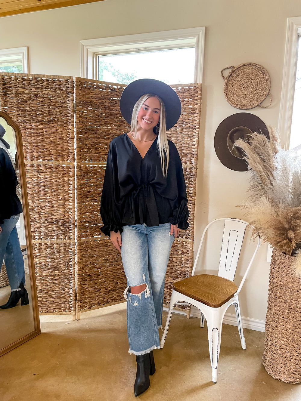 Stating Facts Satin Top with Drawstring Waist in Black - Giddy Up Glamour Boutique