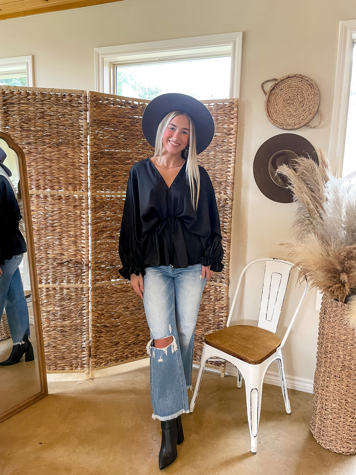 Stating Facts Satin Top with Drawstring Waist in Black - Giddy Up Glamour Boutique