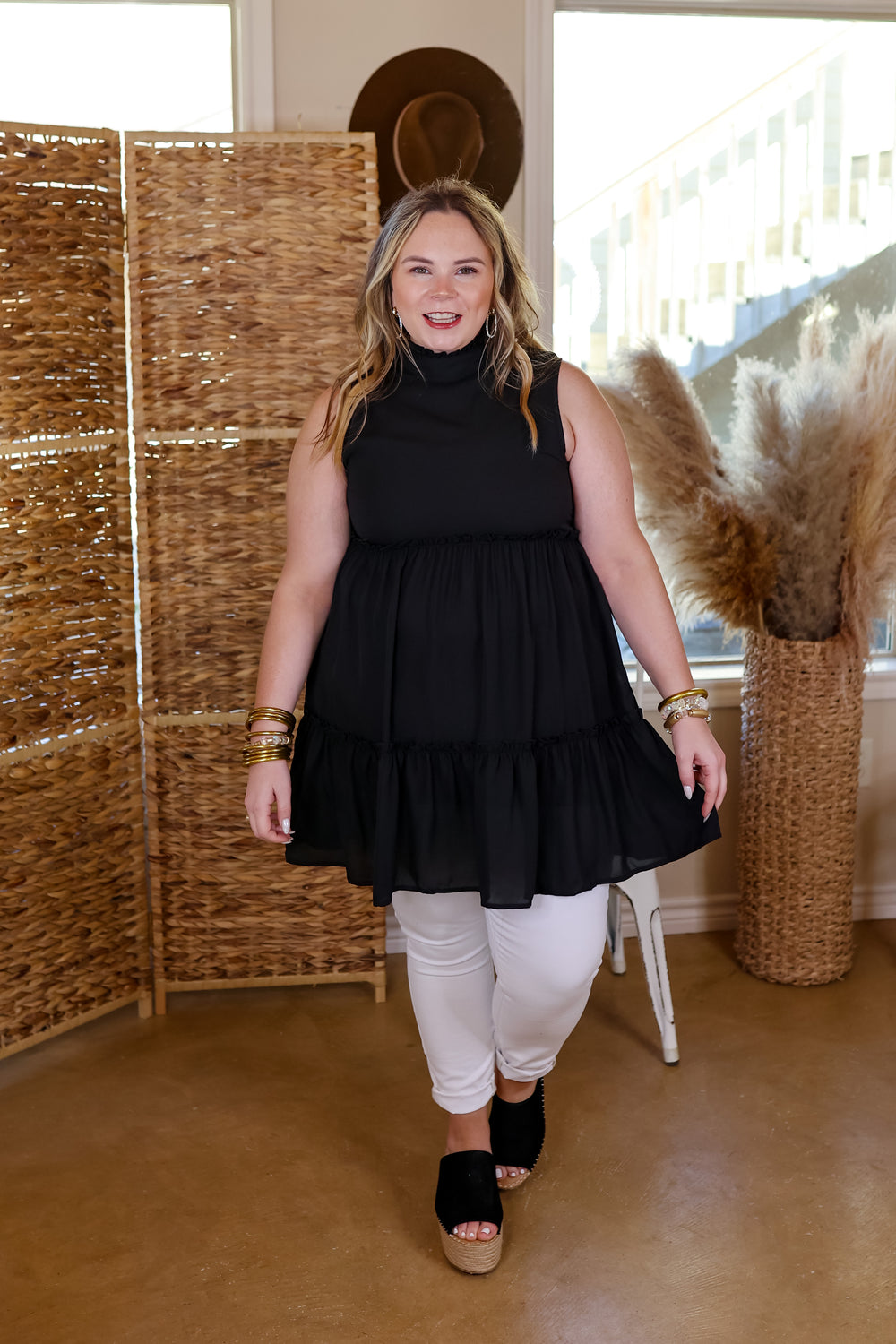 Attempt To Charm High Ruffle Neck Tank Tunic Top in Black - Giddy Up Glamour Boutique