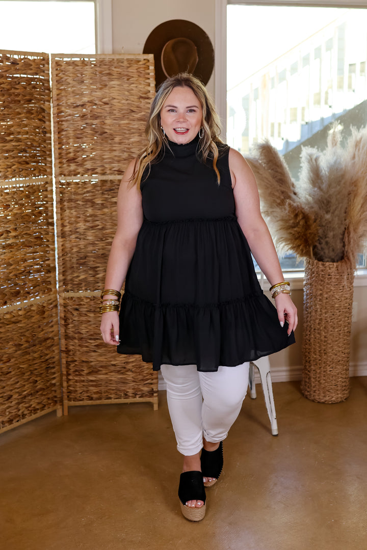 Attempt To Charm High Ruffle Neck Tank Tunic Top in Black - Giddy Up Glamour Boutique