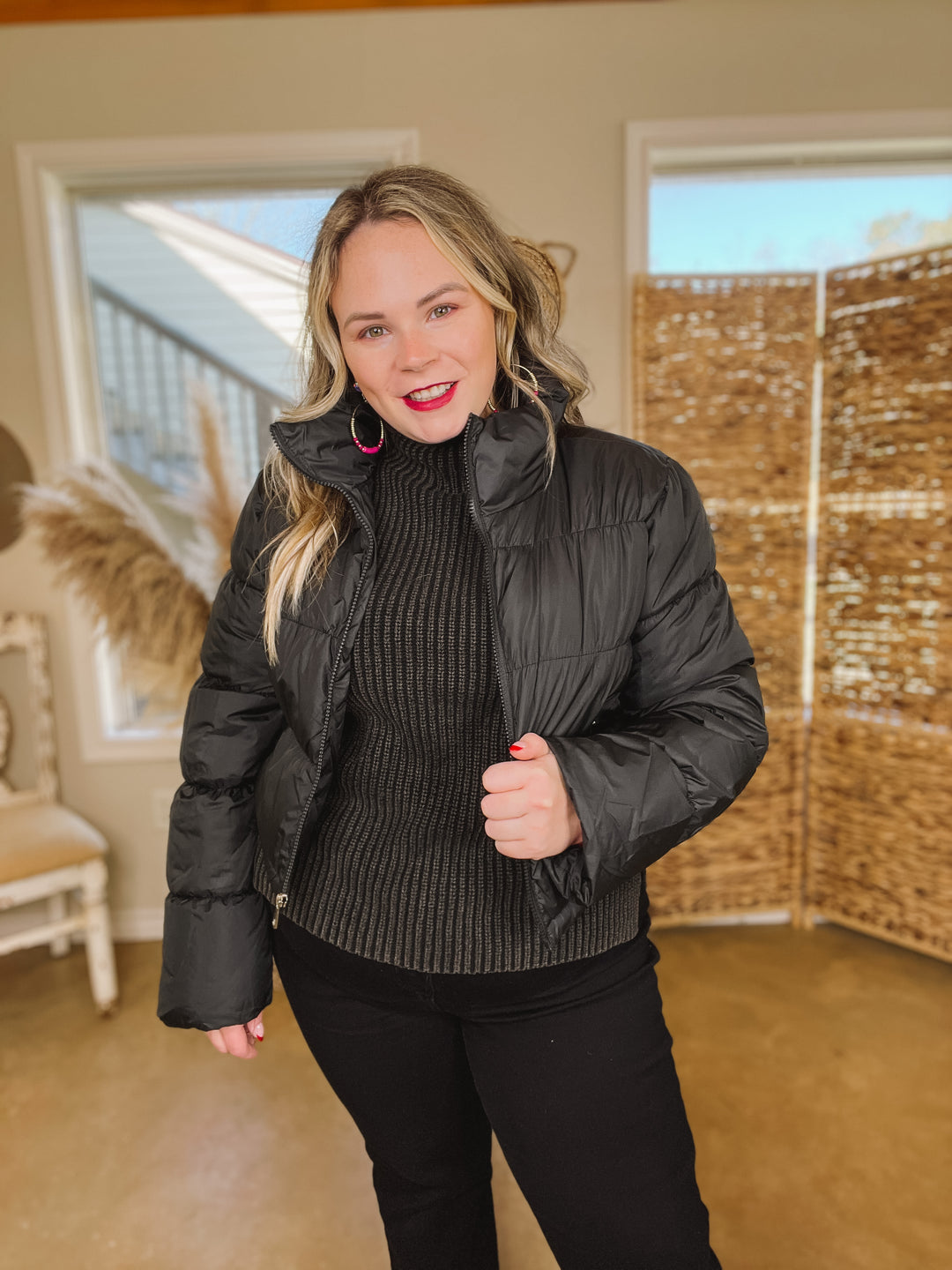Wrapped In Cozy Cropped Puffer Jacket in Black - Giddy Up Glamour Boutique