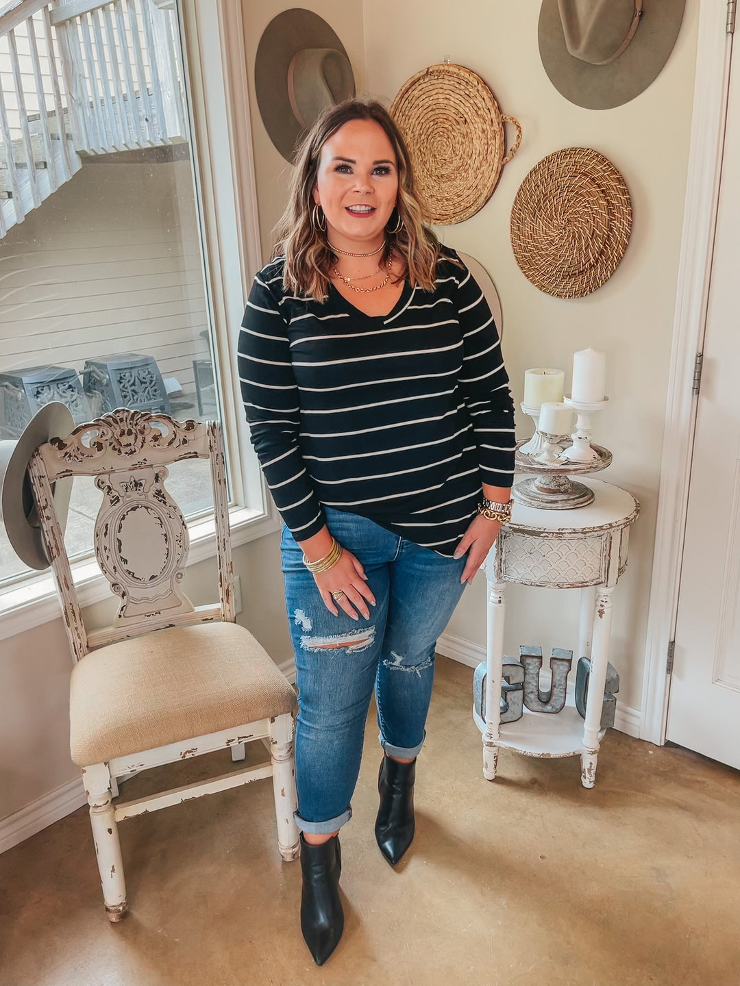Keep Things Casual Long Sleeve Striped V Neck Tee in Black - Giddy Up Glamour Boutique