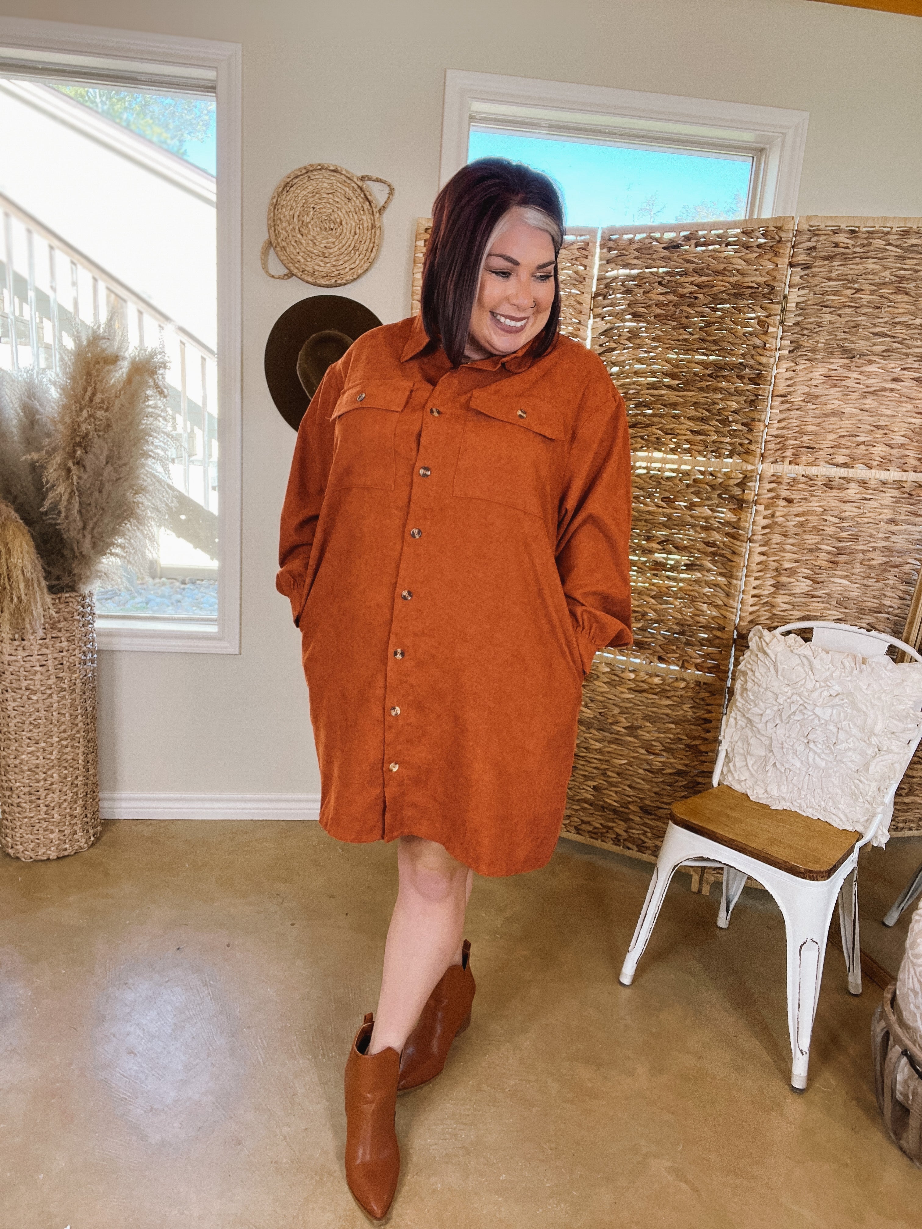 Peanut Brittle Button Up Corduroy Long Sleeve Dress in Rust Orange - Giddy Up Glamour Boutique