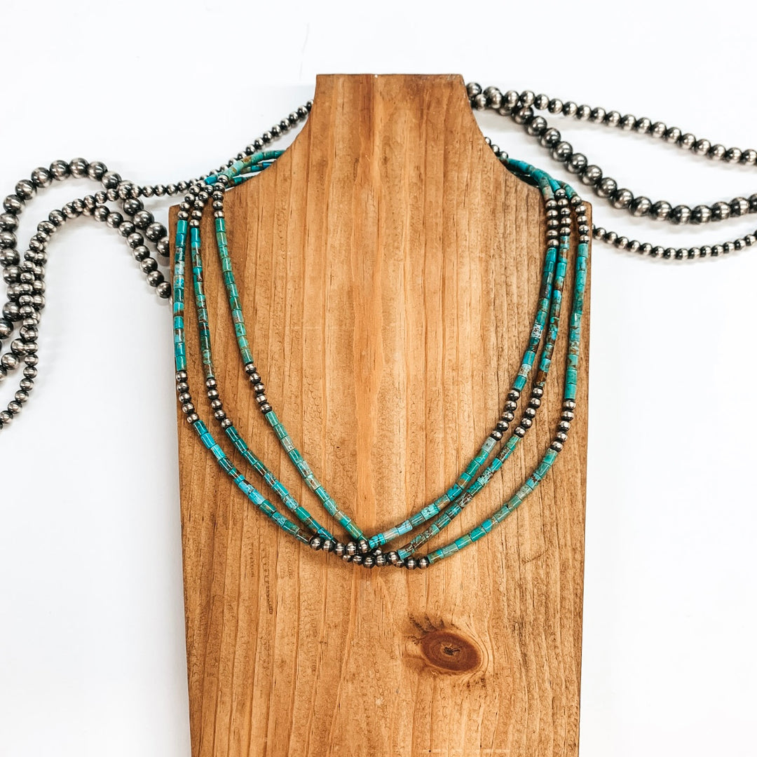 Navajo | Navajo Handmade Sterling Silver 3 Strand Turquoise Beaded Necklace with Navajo Pearls - Giddy Up Glamour Boutique