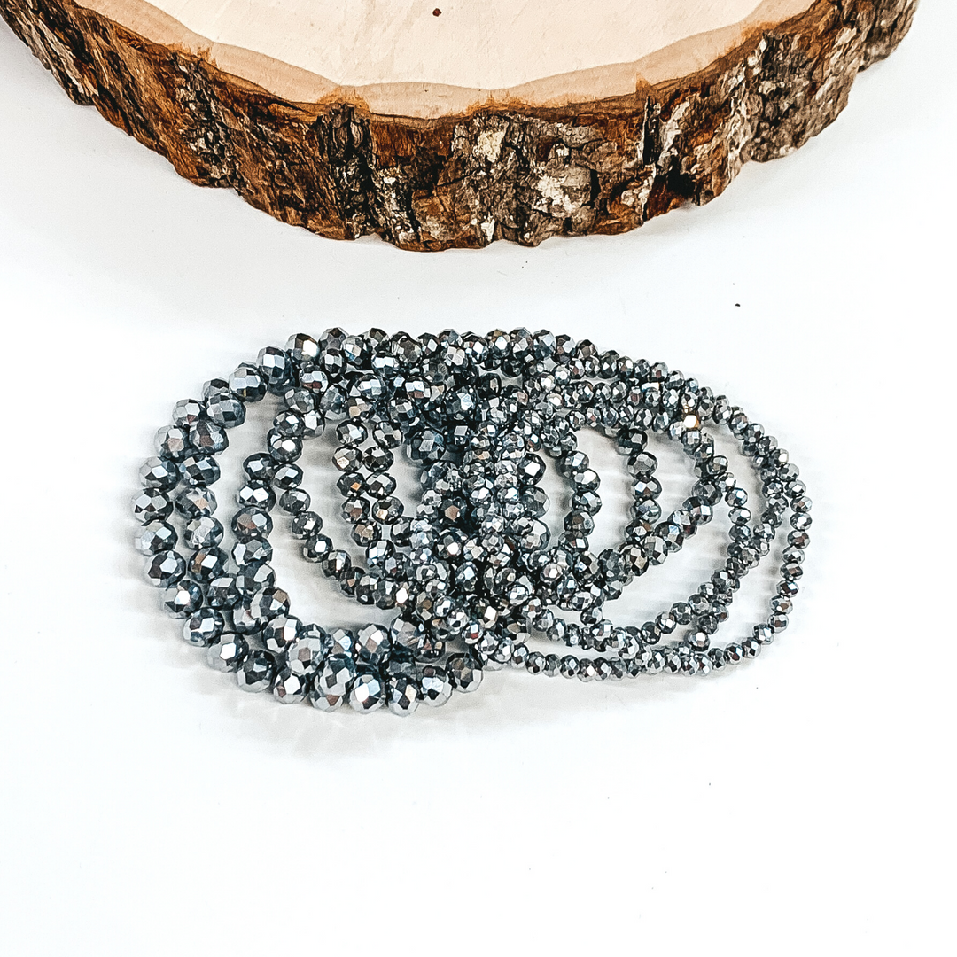 Nine Piece Crystal Beaded Bracelet Set in Platinum Silver Gray - Giddy Up Glamour Boutique