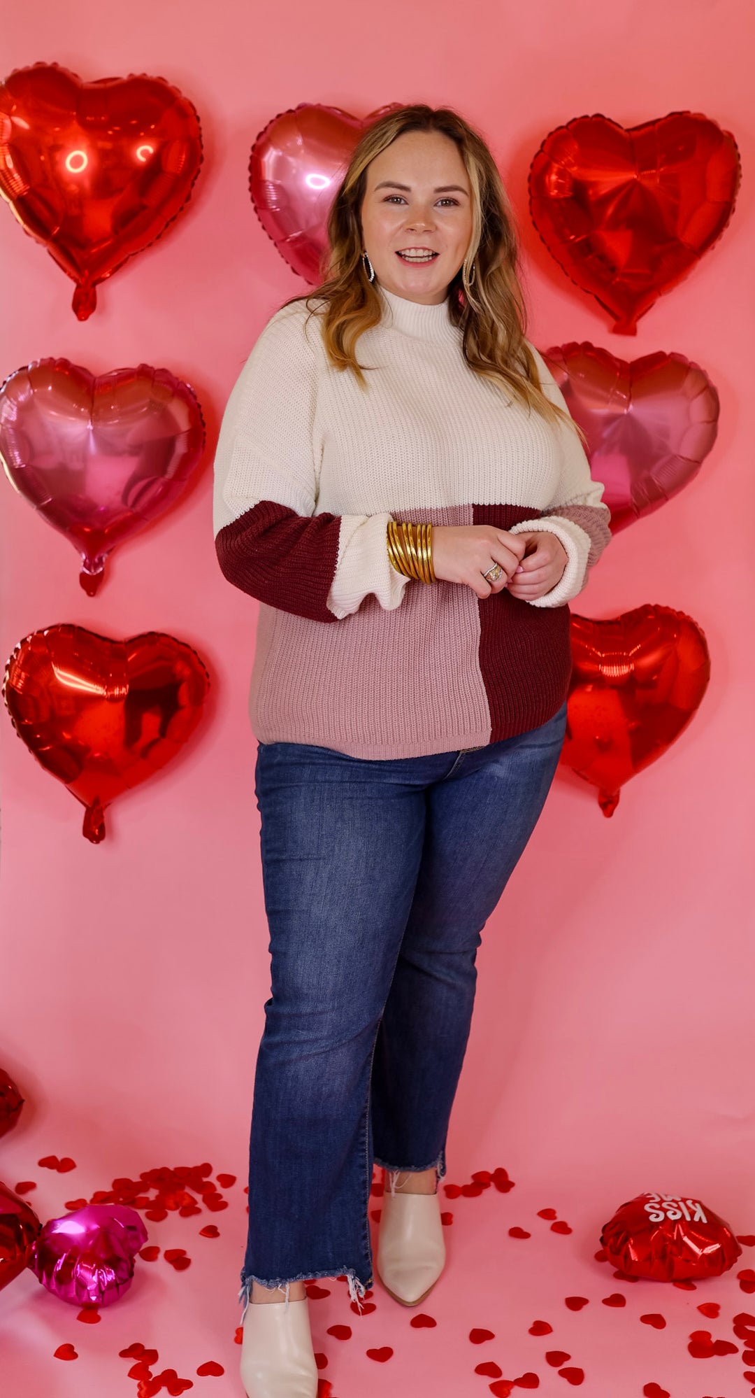 Just Warming Up Color Block Knit Pullover Sweater in Maroon and Mauve - Giddy Up Glamour Boutique