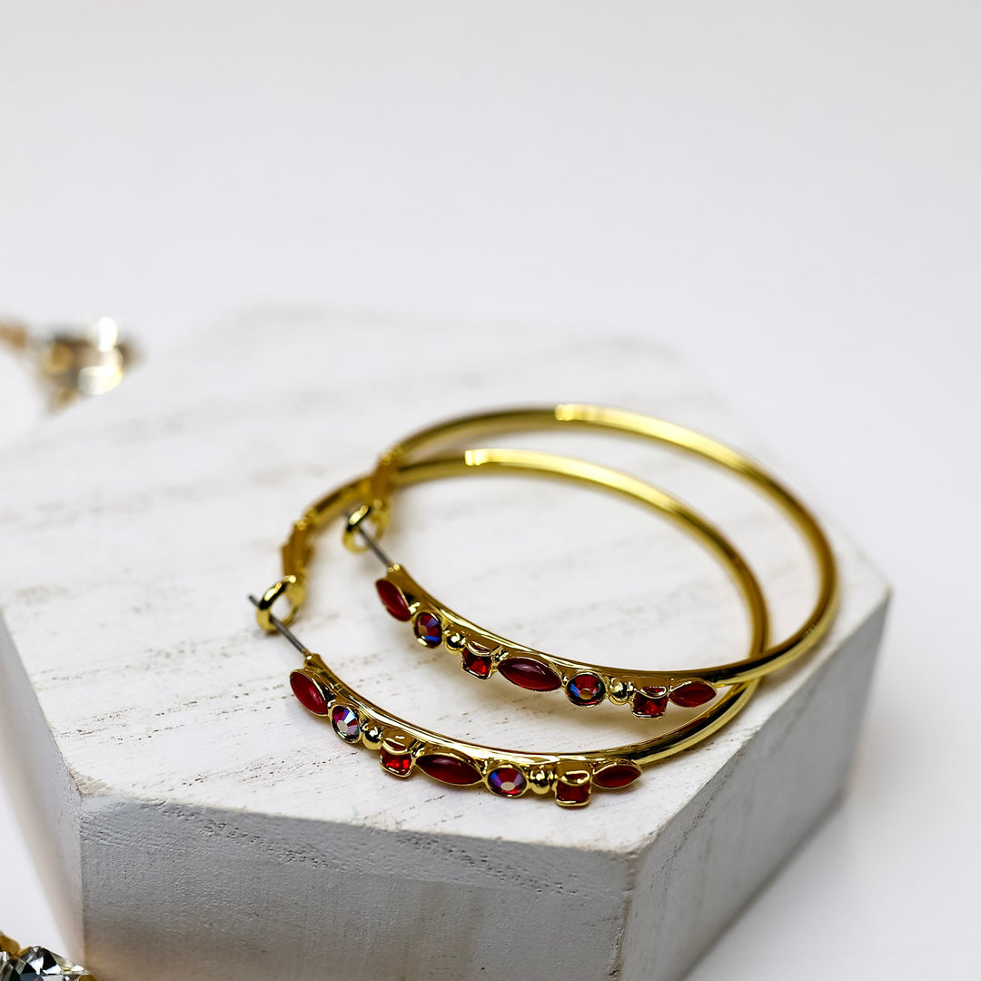 Sorrelli | Mixed Media Hoop Earrings in Bright Gold Tone and Cranberry - Giddy Up Glamour Boutique