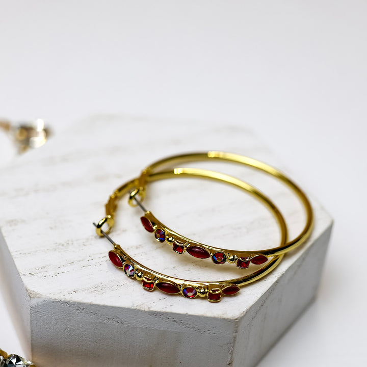 Sorrelli | Mixed Media Hoop Earrings in Bright Gold Tone and Cranberry - Giddy Up Glamour Boutique